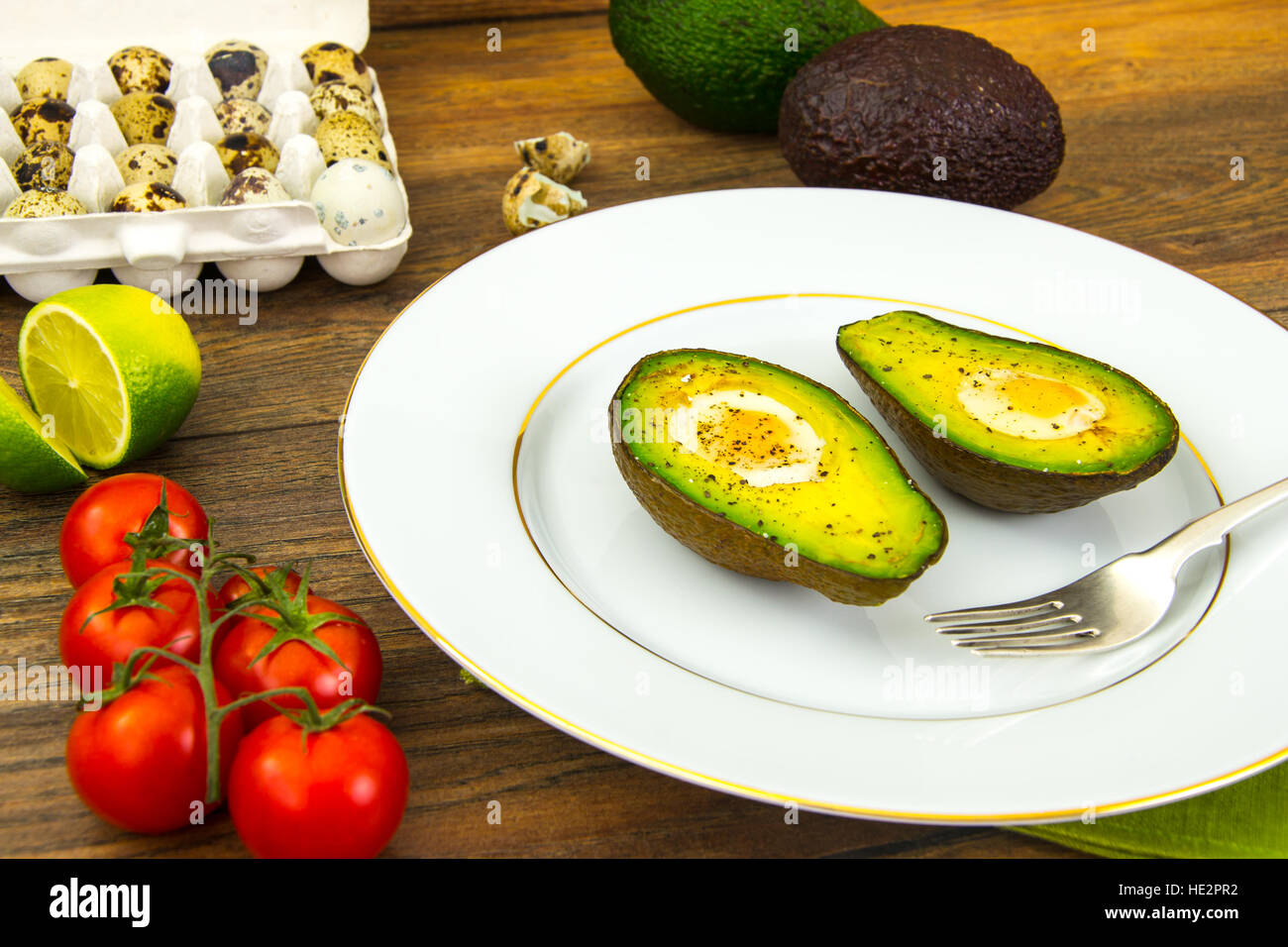 Avocados, Baked with Quail Egg, Salt, Pepper, Lemon Stock Photo Alamy