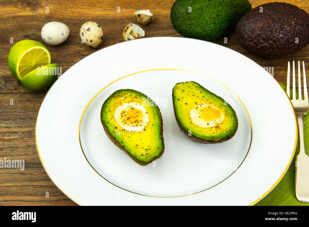 Avocados, Baked with Quail Egg, Salt, Pepper, Lemon Stock Photo Alamy