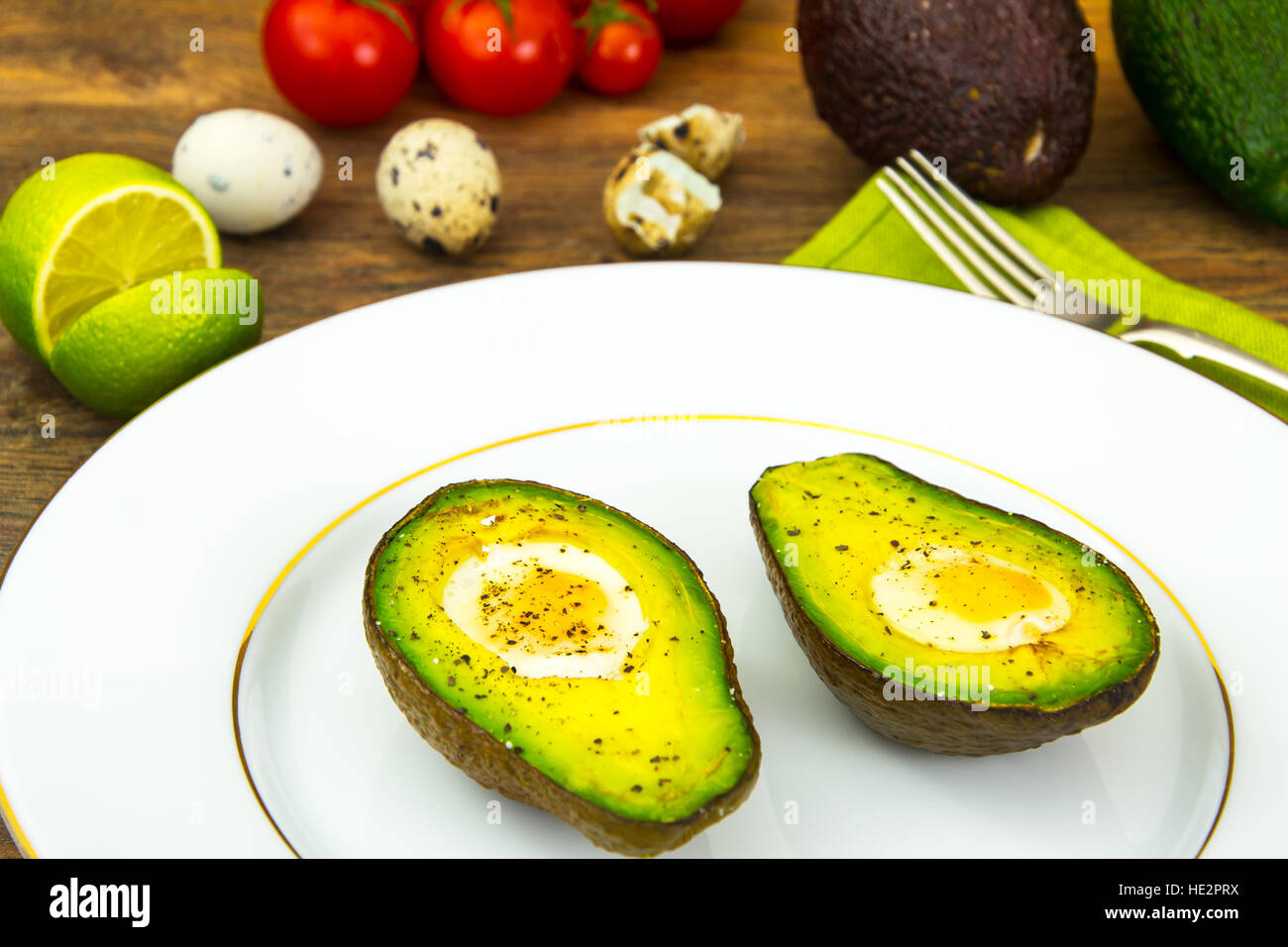 Avocados, Baked with Quail Egg, Salt, Pepper, Lemon Stock Photo Alamy