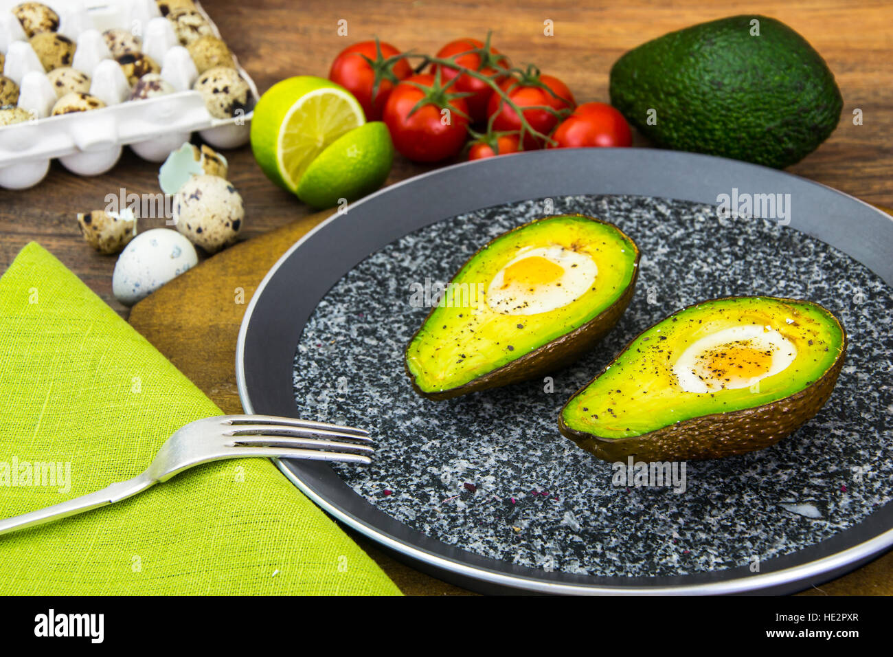 Avocados, Baked with Quail Egg, Salt, Pepper, Lemon Stock Photo Alamy