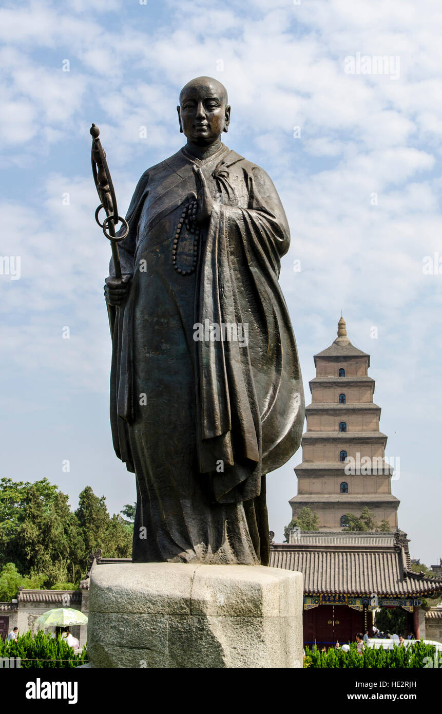Statue of  Xuanzang at the Wild Goose Pagoda, Xian, China. Stock Photo