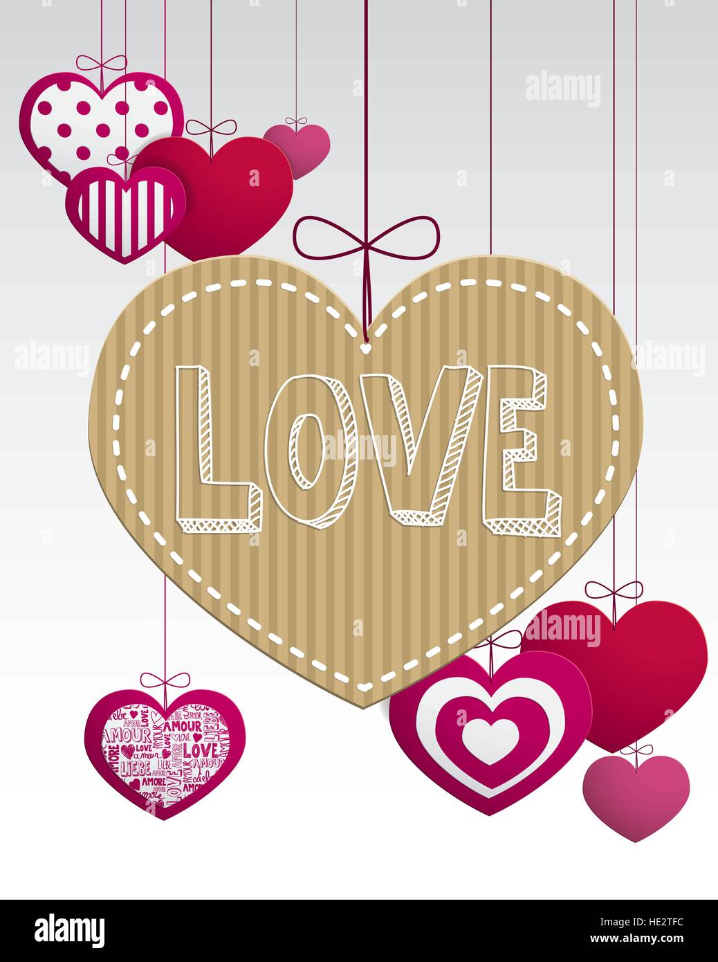 Paper hanging love hearts card full vector Stock Vector