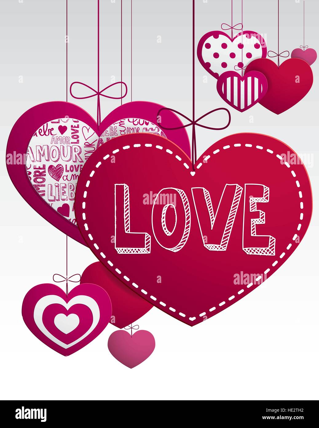 Paper hanging love hearts card full vector Stock Vector