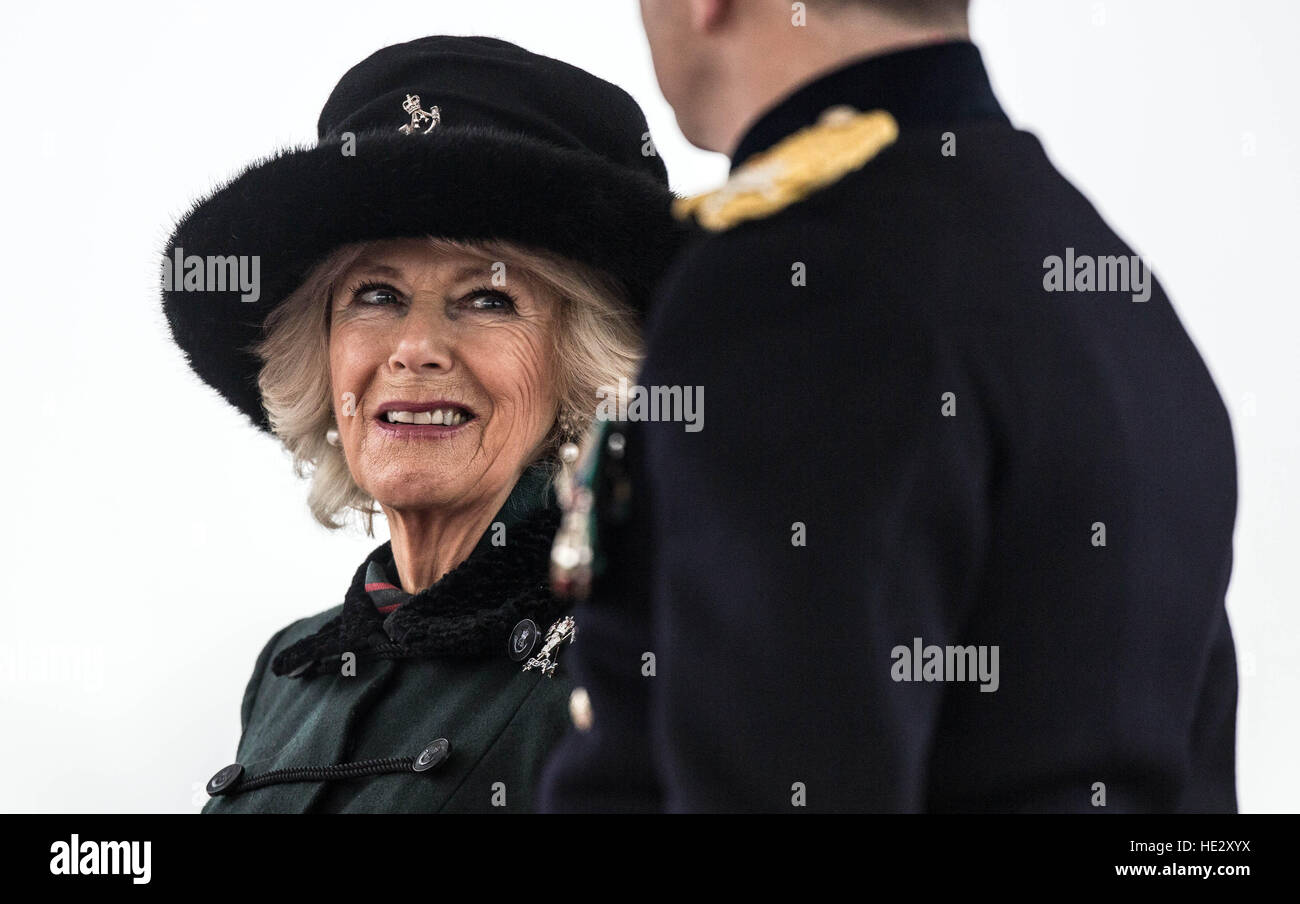 The Duchess of Cornwall at the Royal Military Academy, Sandhurst, Berkshire, where she will represent Queen Elizabeth II at the Sovereign's Parade, which is held at the end of each term at Sandhurst and marks the passing out of Officer Cadets who have completed their Commissioning Course. Stock Photo