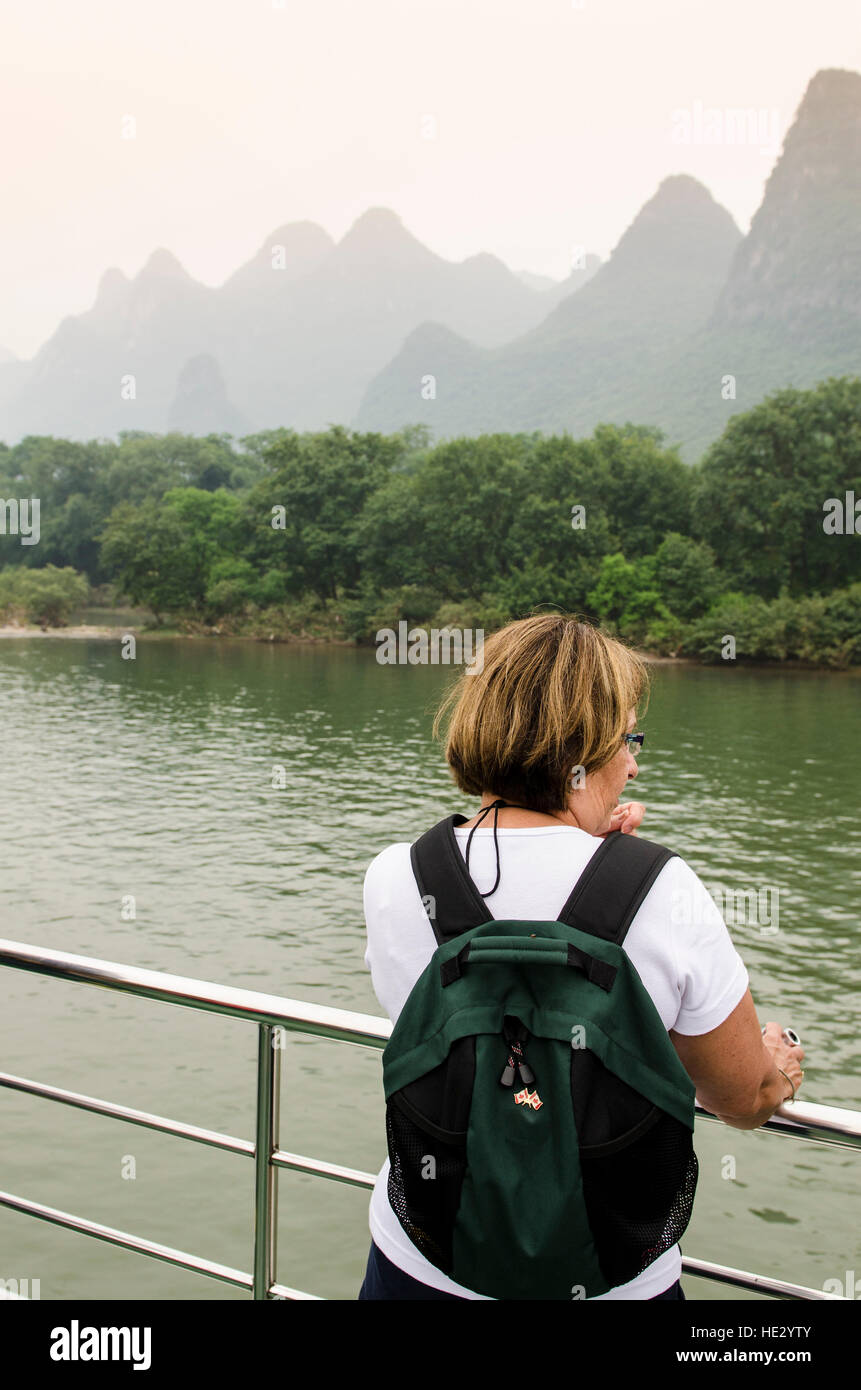 Karst landscape on Li River boat cruise yangshuo guilin guangxi, China. (MR) Stock Photo