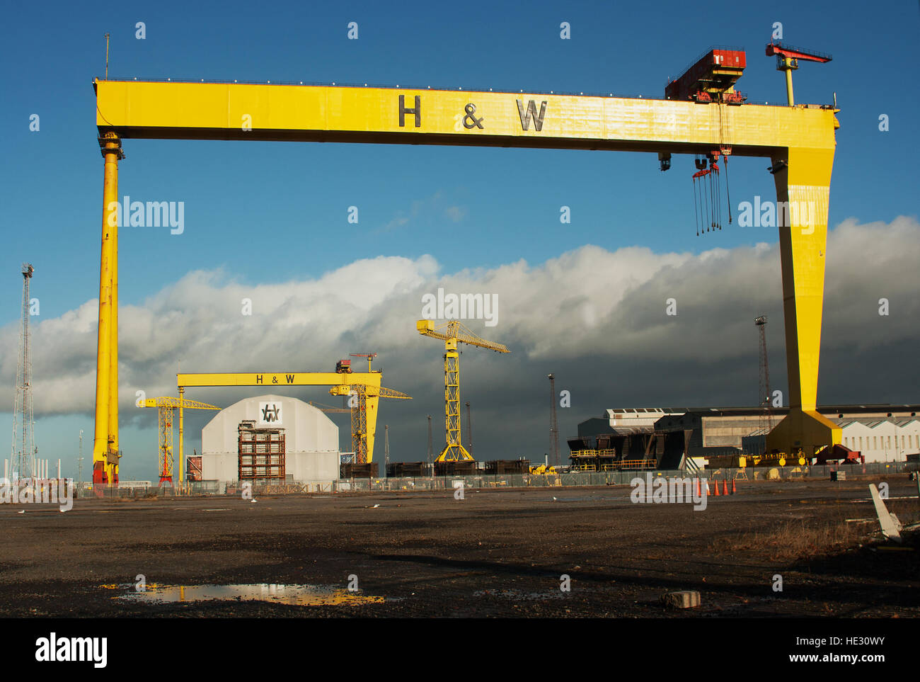 One of a pair of large shipbuilding cranes named Sampson and Goliath at the Harland and Wolff shipyard Belfast. Home of Titanic Stock Photo