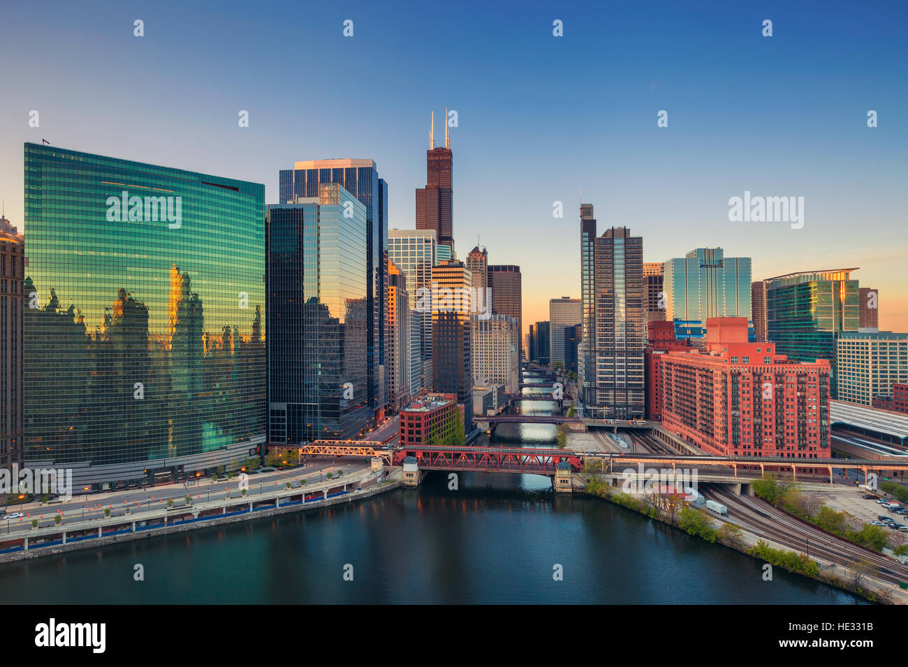 Chicago at dawn. Cityscape image of Chicago downtown at sunrise. Stock Photo