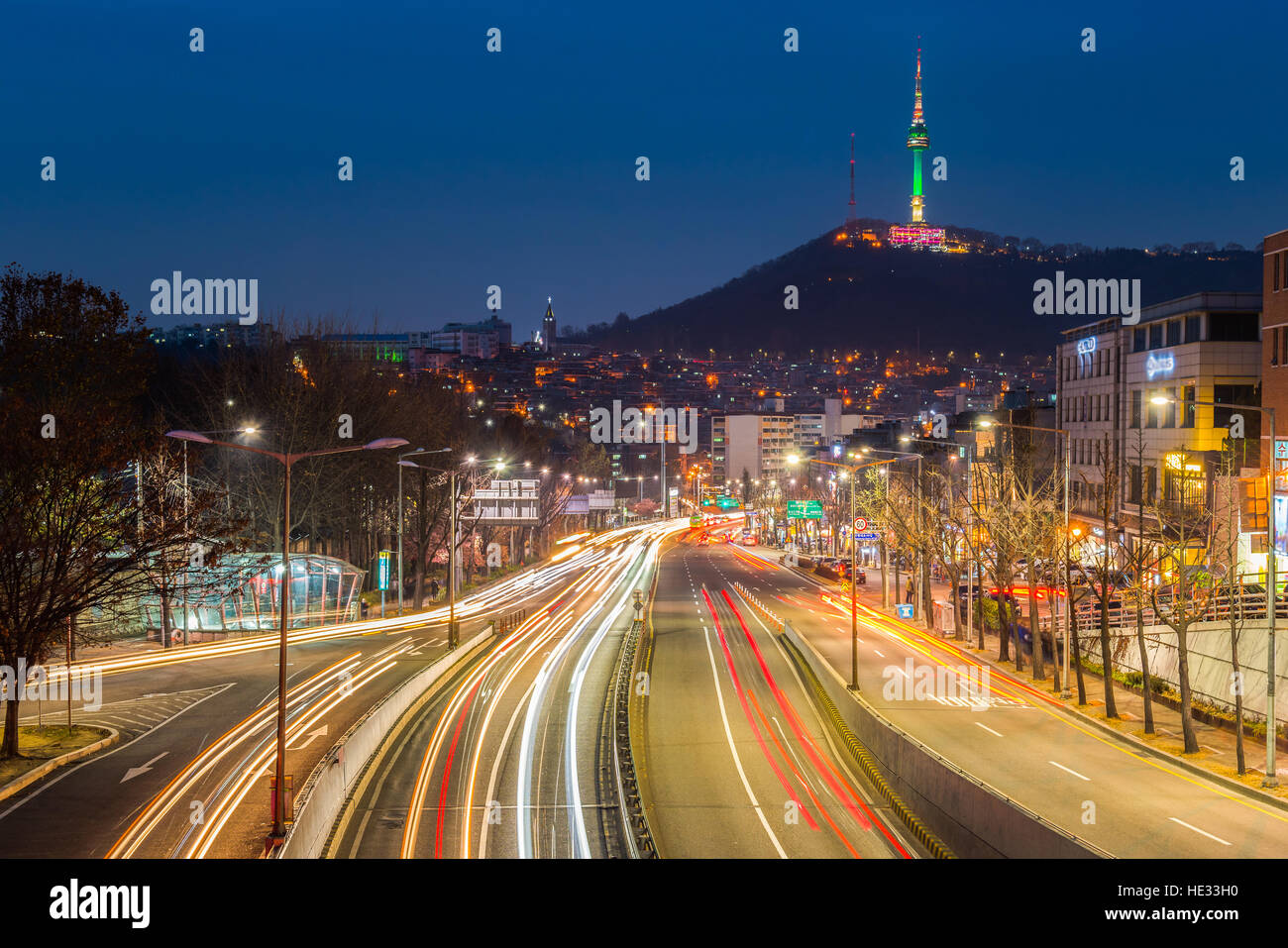 Traffic in Seoul City and Namsan Tower, South Korea Stock Photo