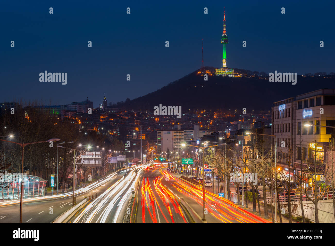 traffic in Seoul City and Namsan Tower, South Korea Stock Photo