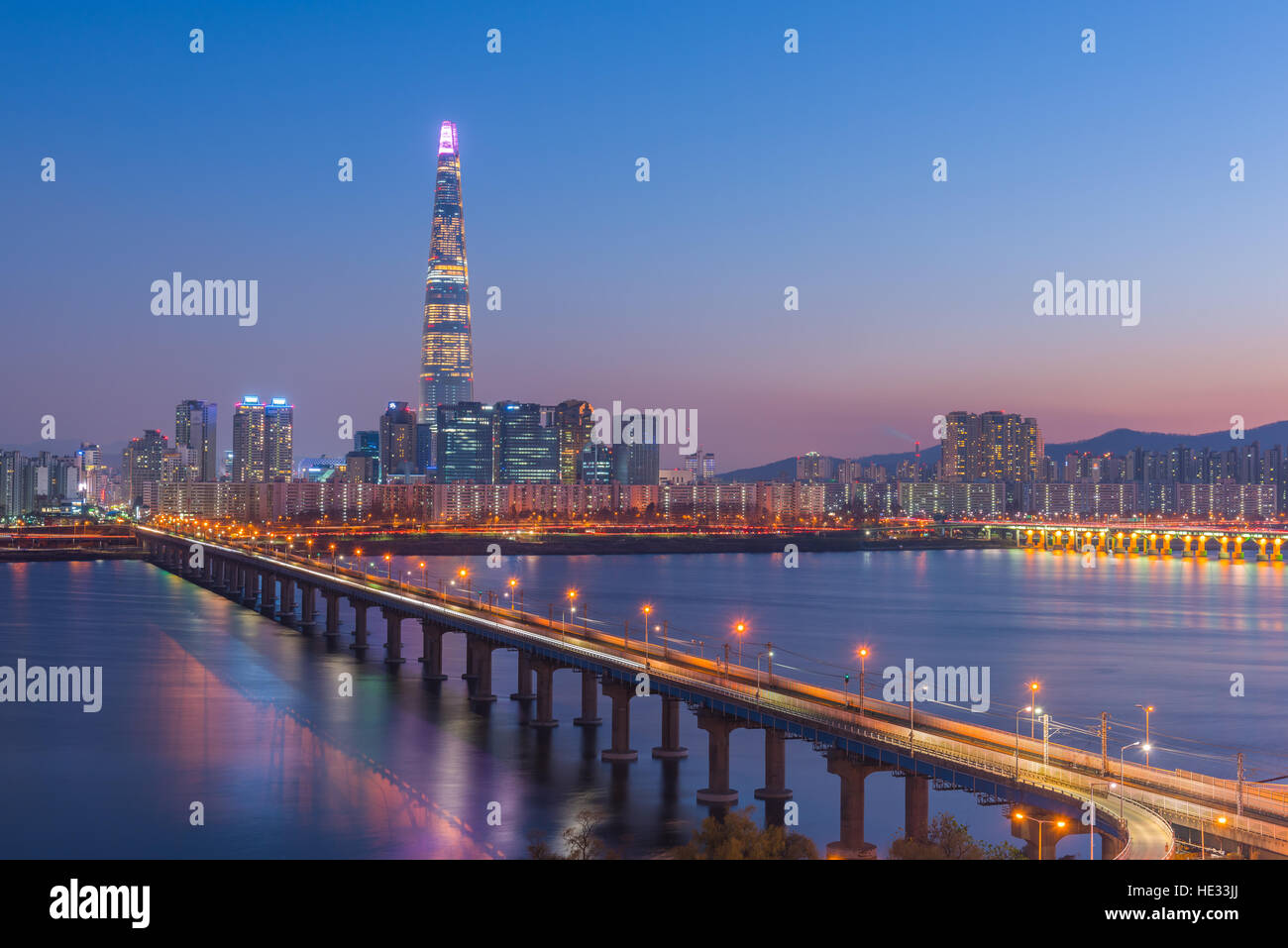 Seoul Subway and Lotte Tower at Night, South korea Stock Photo