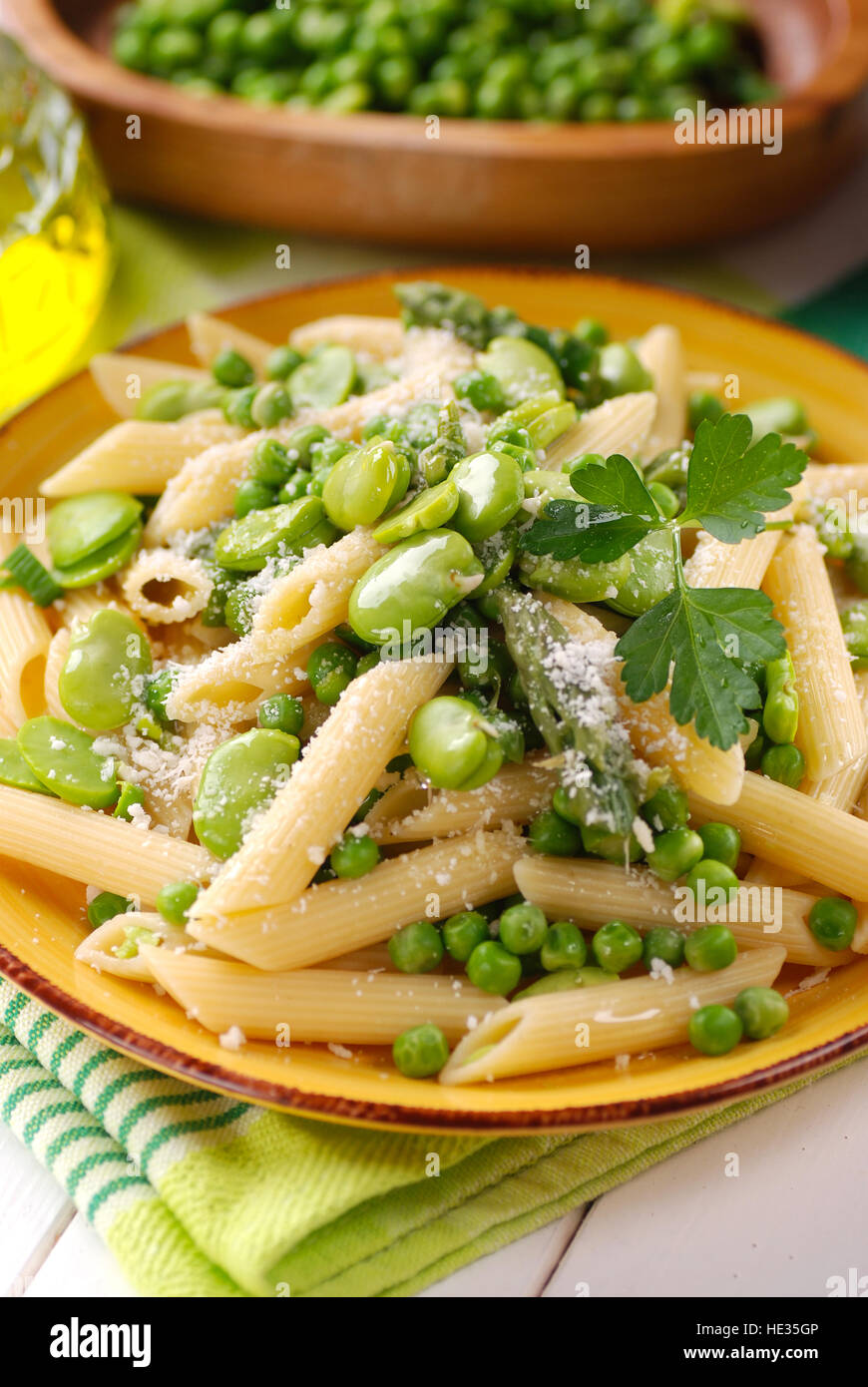 pasta with fresh broad beans, asparagus and peas Stock Photo Alamy