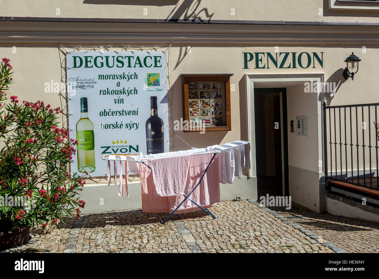 Pension offering wine degustation of Moravian and Austrian wines and cheeses, Old Town, Znojmo, South Moravia, Czech Republic, Stock Photo