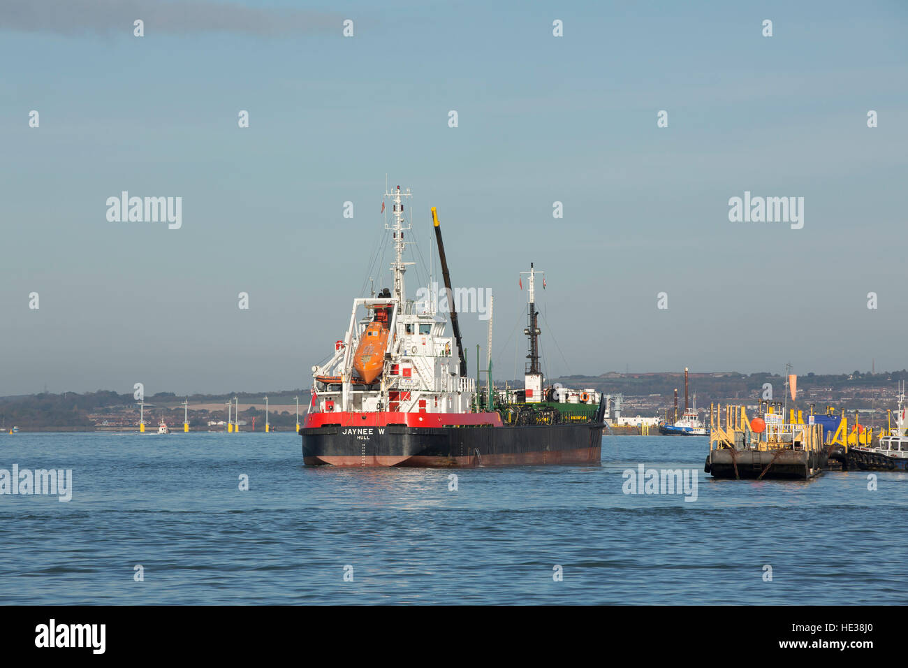 Rear end view of an oil tanker steaming through Portsmouth harbor. Stock Photo