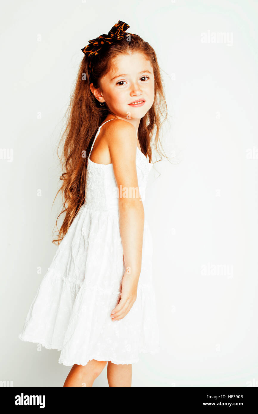 Little Cute Beauty Girl Isolated On White Background Long Curly