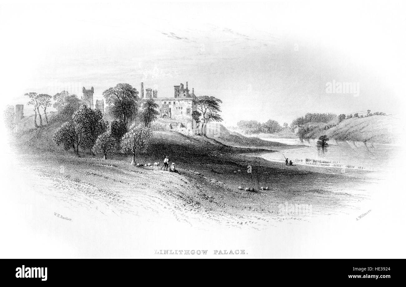 An engraving of Linlithgow Palace scanned at high resolution from a
