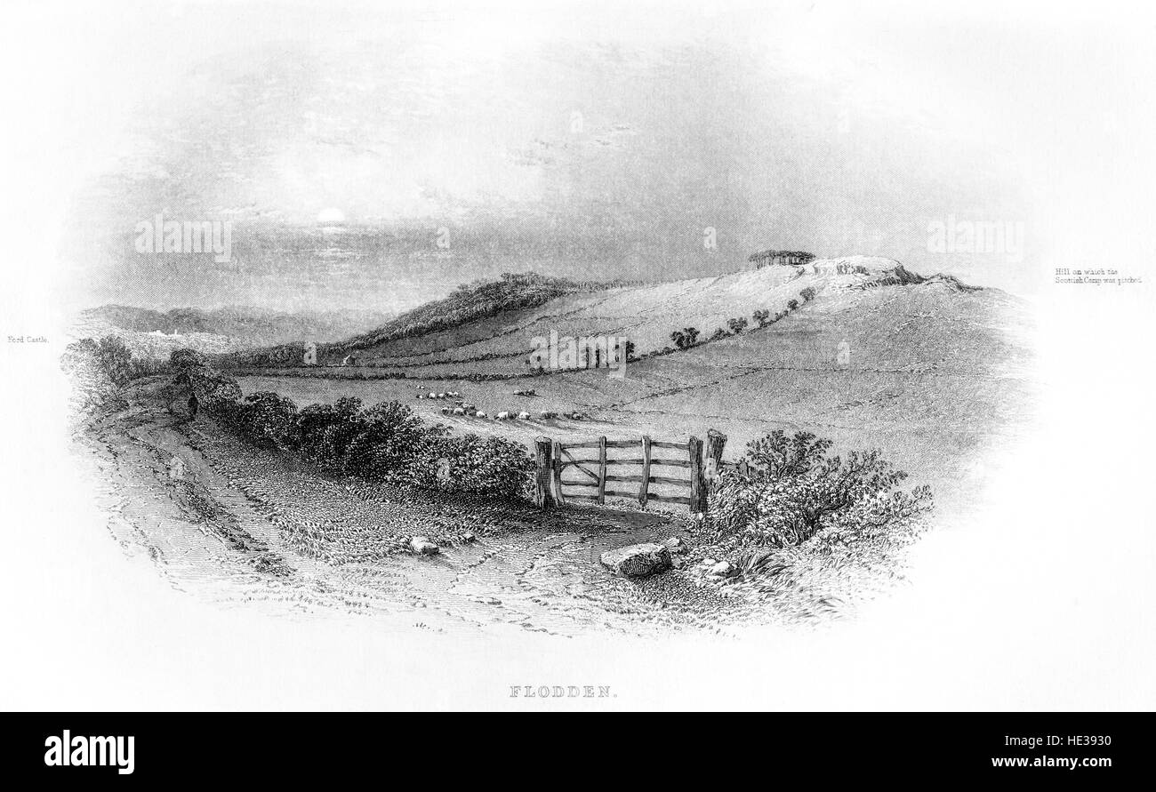 An engraving of Flodden scanned at high resolution from a book printed in 1859. Believed copyright free. Stock Photo