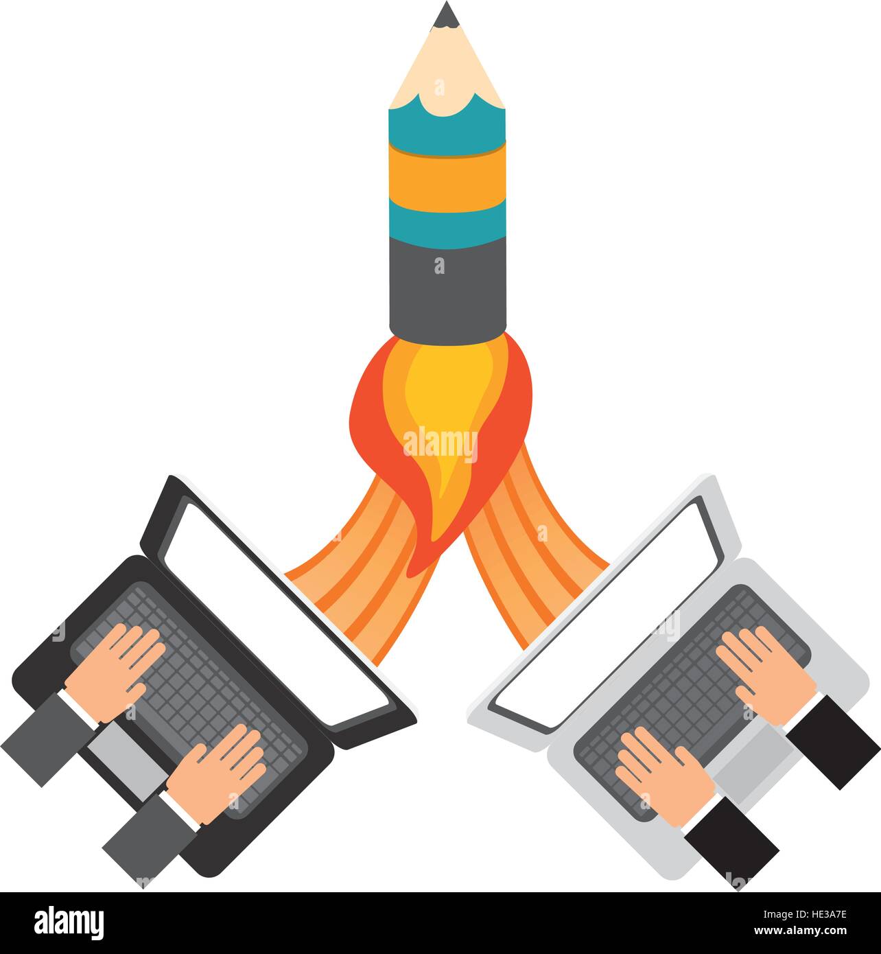 hands with laptop computers and pencil icon over white background ...
