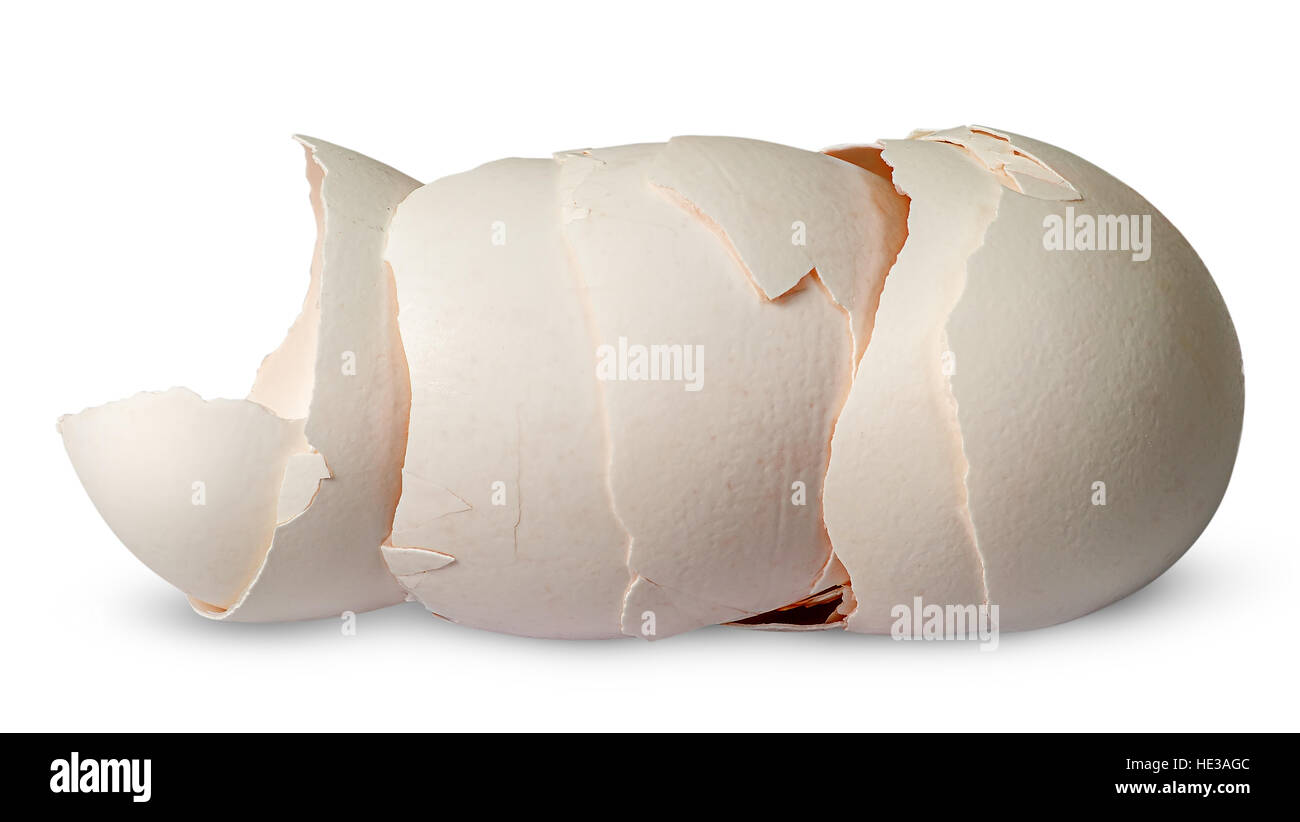 Stack of halves from crashed eggs horizontally isolated on white