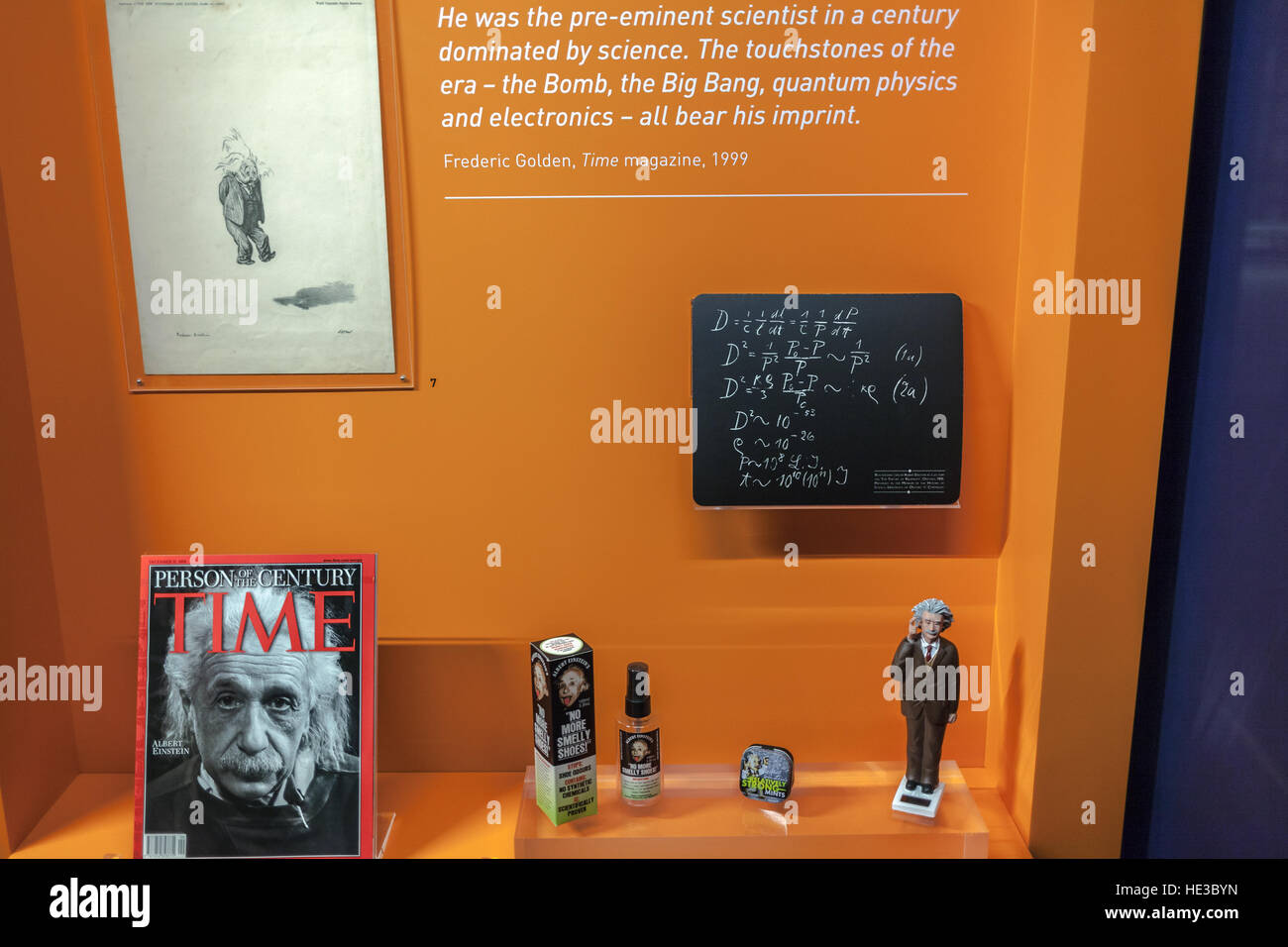 London UK, Albert Einstein on Time magazine and his image on different product Stock Photo