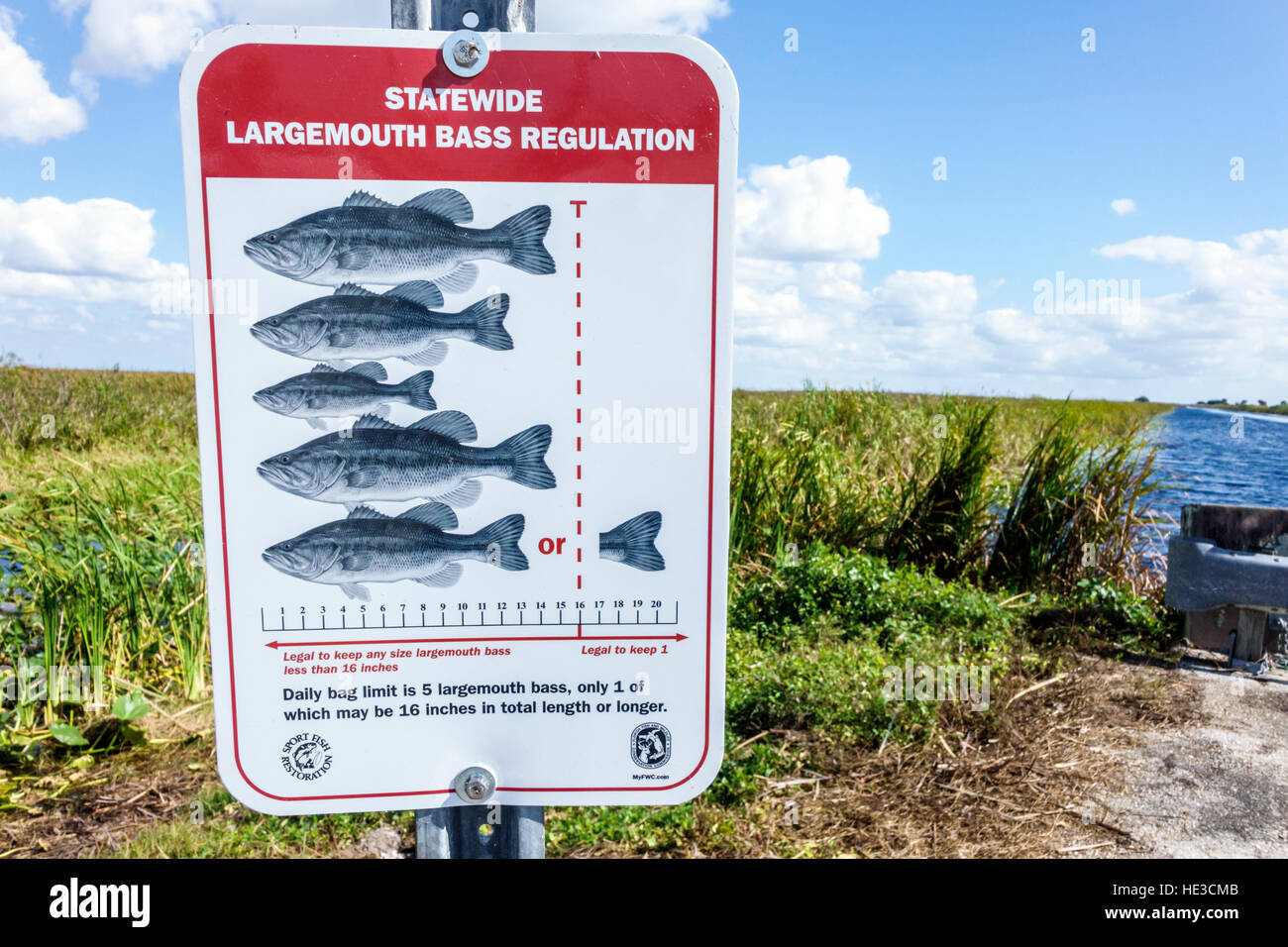 Florida Everglades,Alligator Alley,sign,fishing,largemouth bass regulation,limit,Francis S. Taylor Wildlife Management Area,FL161125057 Stock Photo