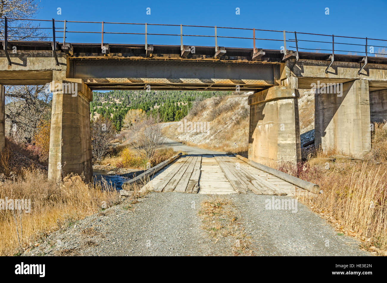 Railroad bridge over a gravel road and a wooden bridge that spans a