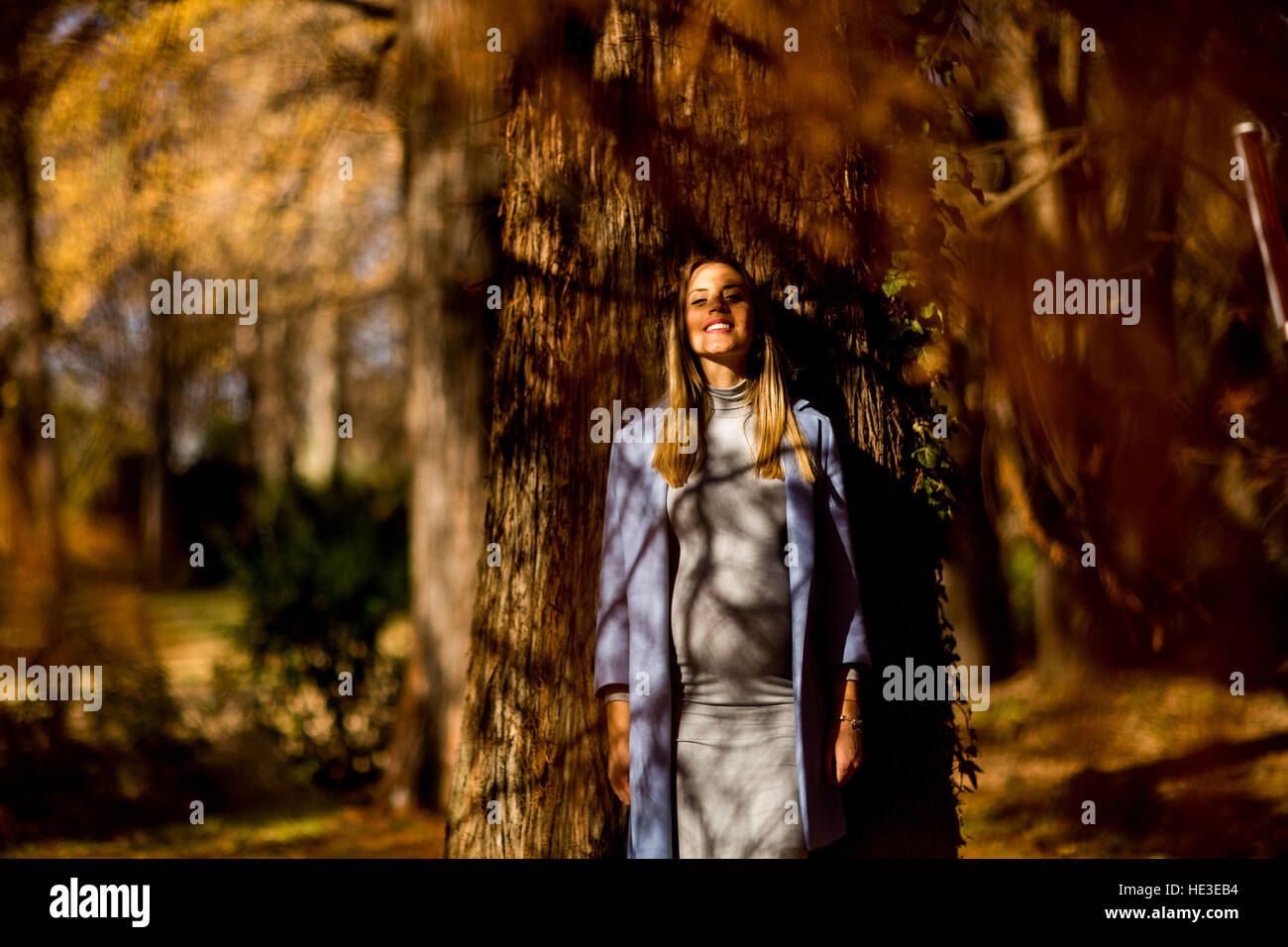 View at young pregnant woman posing in autumn park Stock Photo - Alamy