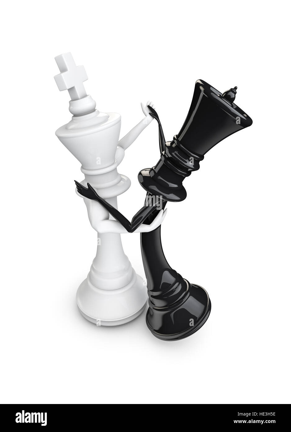 Chess piece dancers / 3D illustration of white chess king and black queen dancing Stock Photo