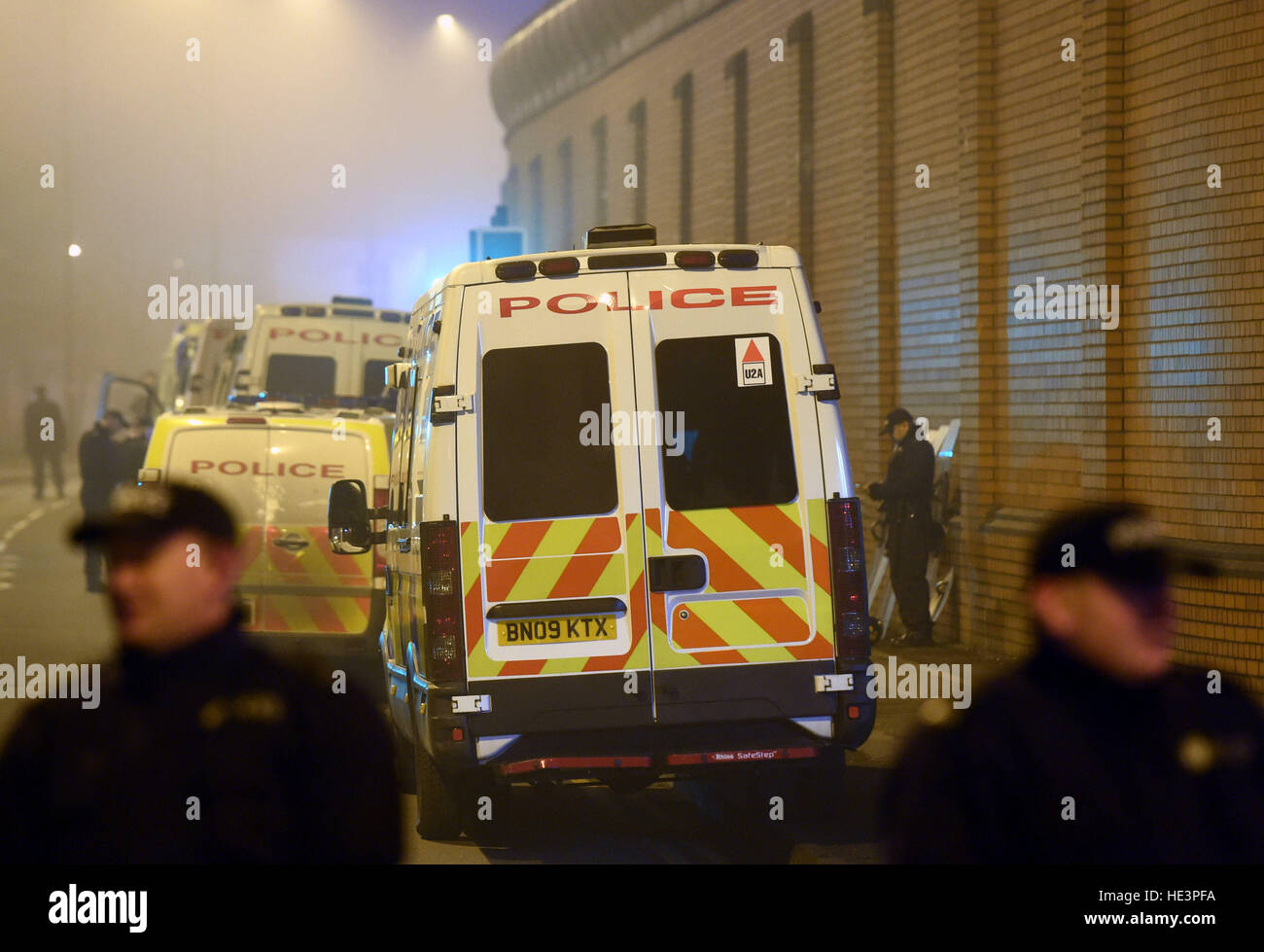 Riot police outside HMP Birmingham where a disturbance is under way. A specialist riot squad known as the &quot;Tornado Team&quot; has been deployed to quell the trouble which started at the prison - formerly known as Winson Green - in the city centre at around 9am. Stock Photo