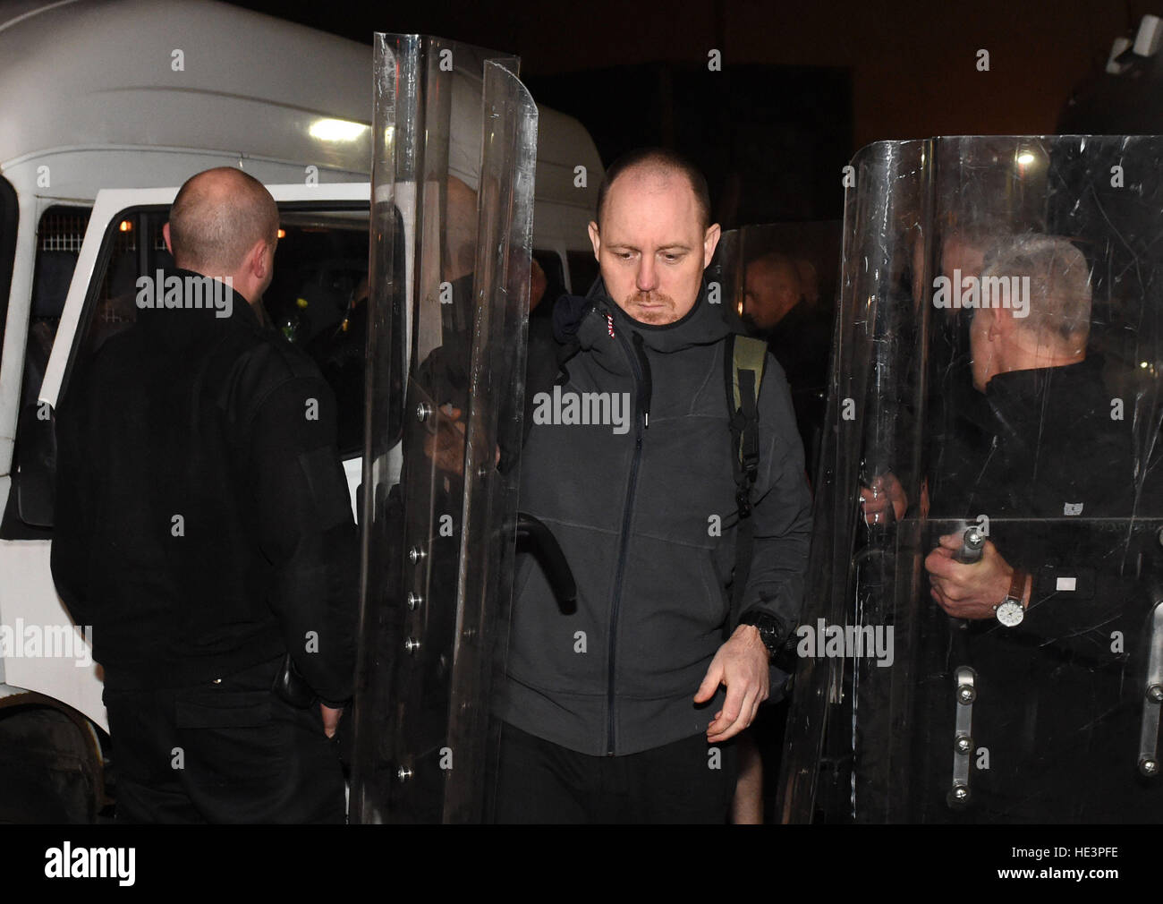 A member of specialist riot squad known as the Tornado Team arrives at HMP Birmingham to quell a disturbance which started at the prison - formerly known as Winson Green - in the city centre at around 9am. Stock Photo