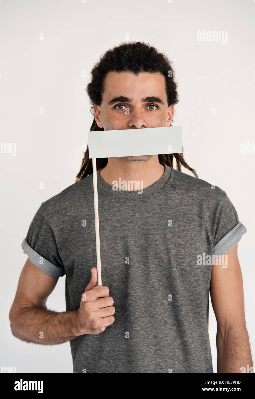 Hipster Man Voiceless Covering Mouth Speechless Concept Stock Photo