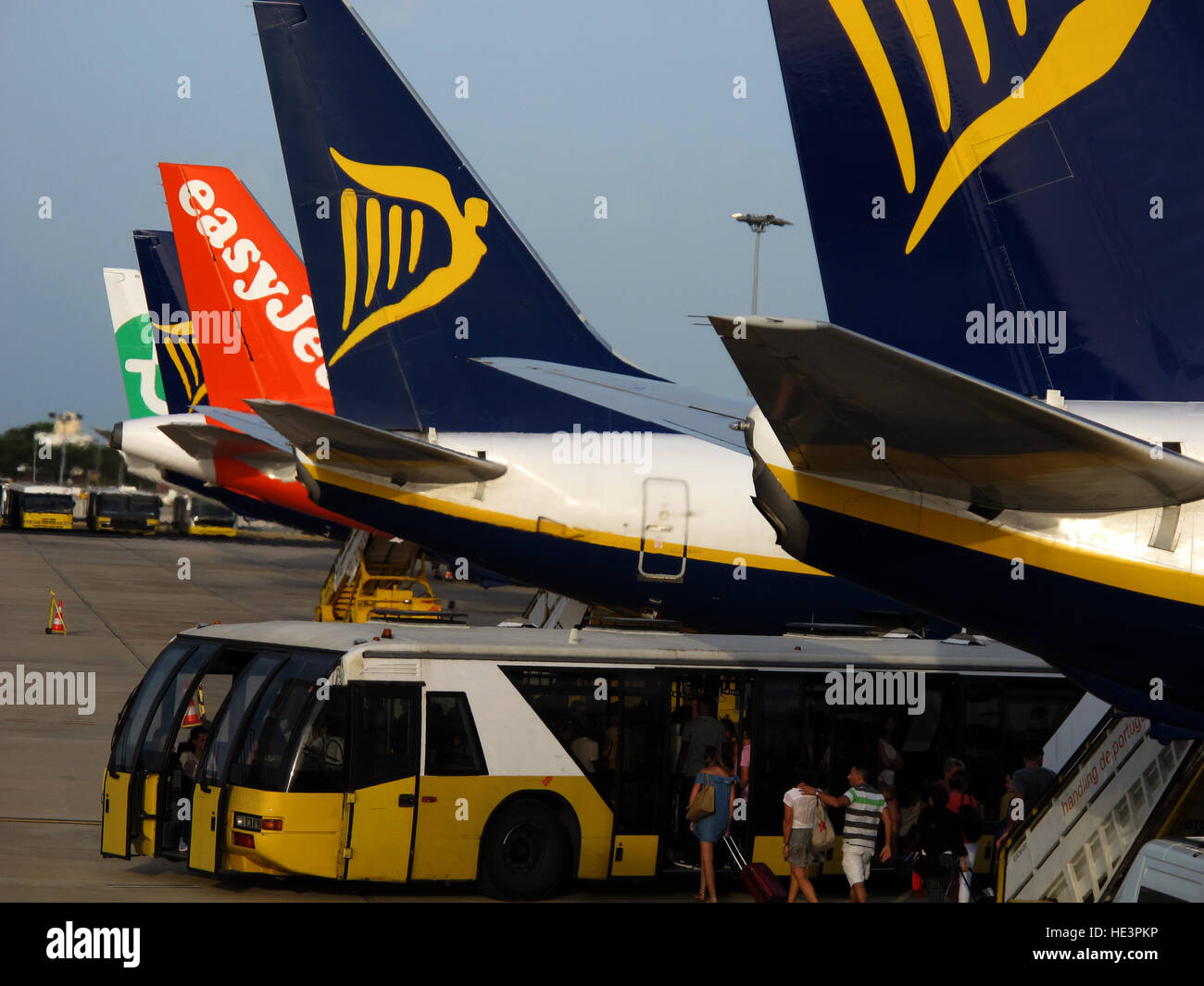 Ryanair landing of passengers, Humberto Delgado Airport, Lisboa, Lisbon, Portugal Stock Photo