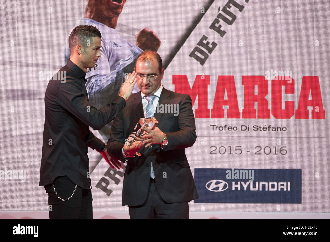 Cristiano Ronaldo receives the 'Alfredo Di Stefano Award' during the