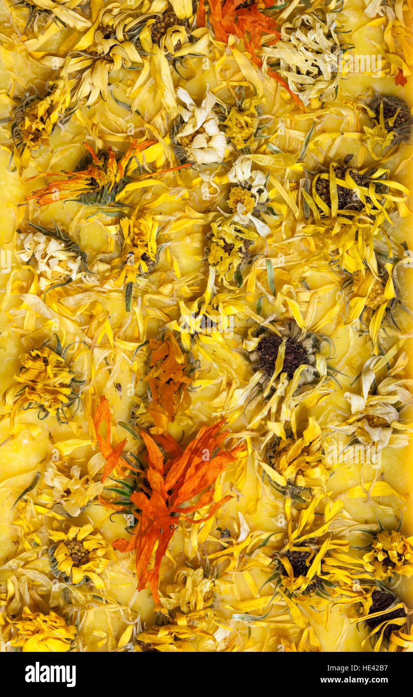 Handmade organic pure soap with calendula herbals flowers Stock Photo