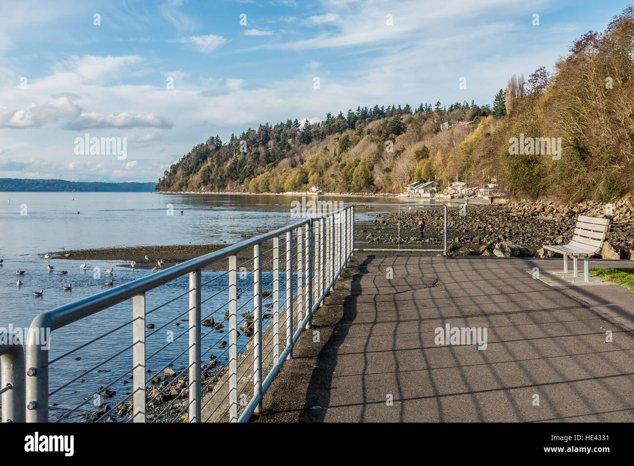 A view of  a metal fence and shoreline at the Des Moines Marina in Des Moines, Washington. Stock Photo