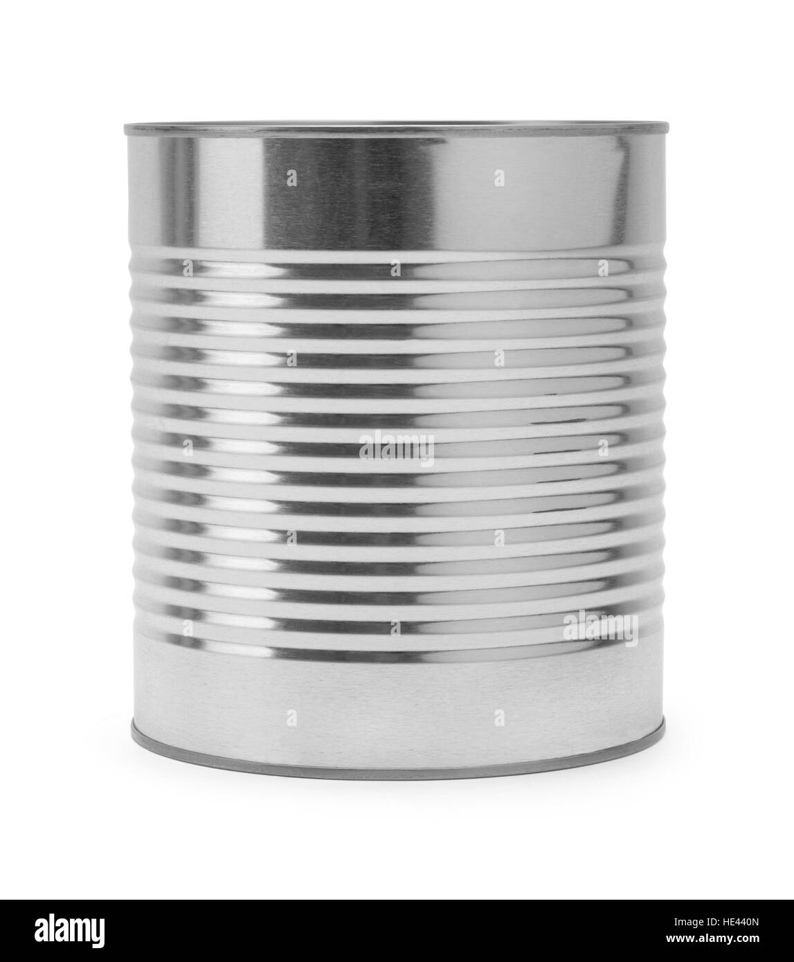 Large Tin Can Side View Isolated on White Background. Stock Photo