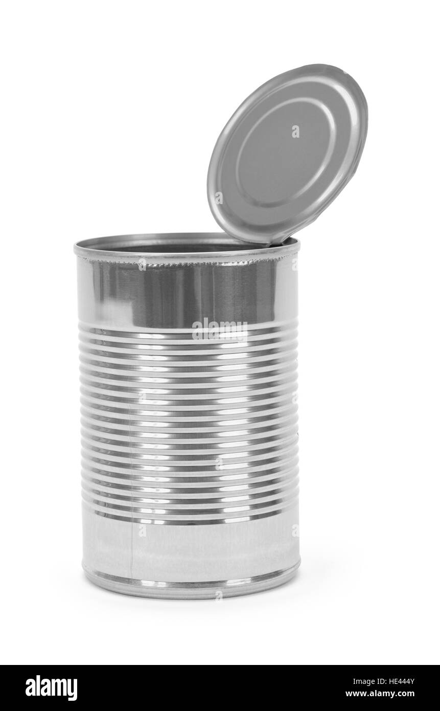 Open Tin Can Isolated on White Background. Stock Photo