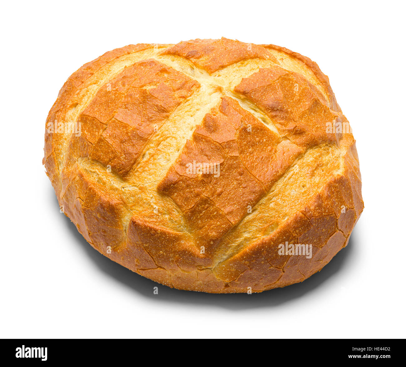 Round Artisan Bread Loaf Isolated on White Background. Stock Photo