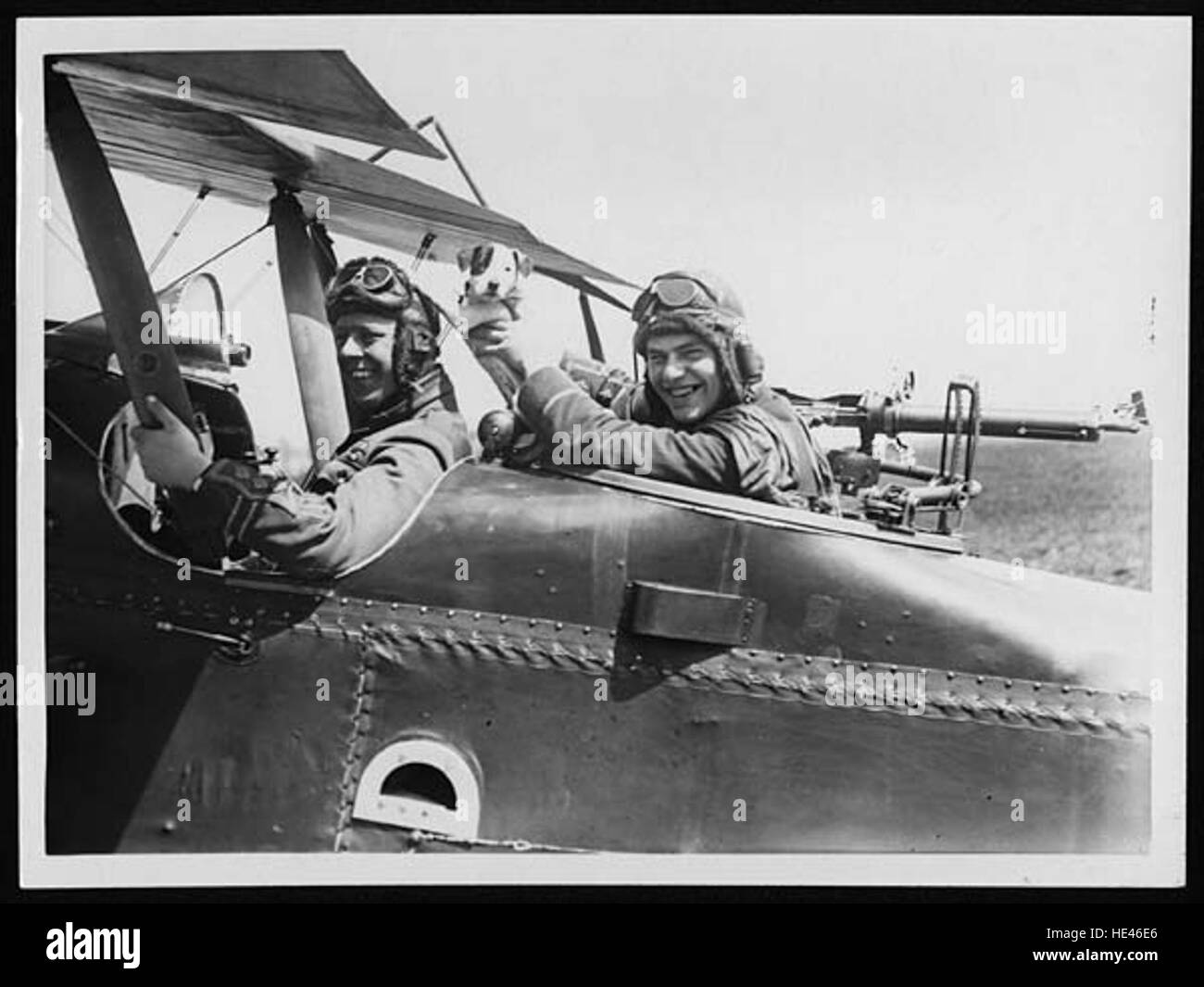 A vintage photograph of a cheerful pilot and observer, accompanied by their mascot pup, preparing for a flight. The image reflects the lighthearted spirit of aviation from the early 20th century, possibly during the World War era. Stock Photo