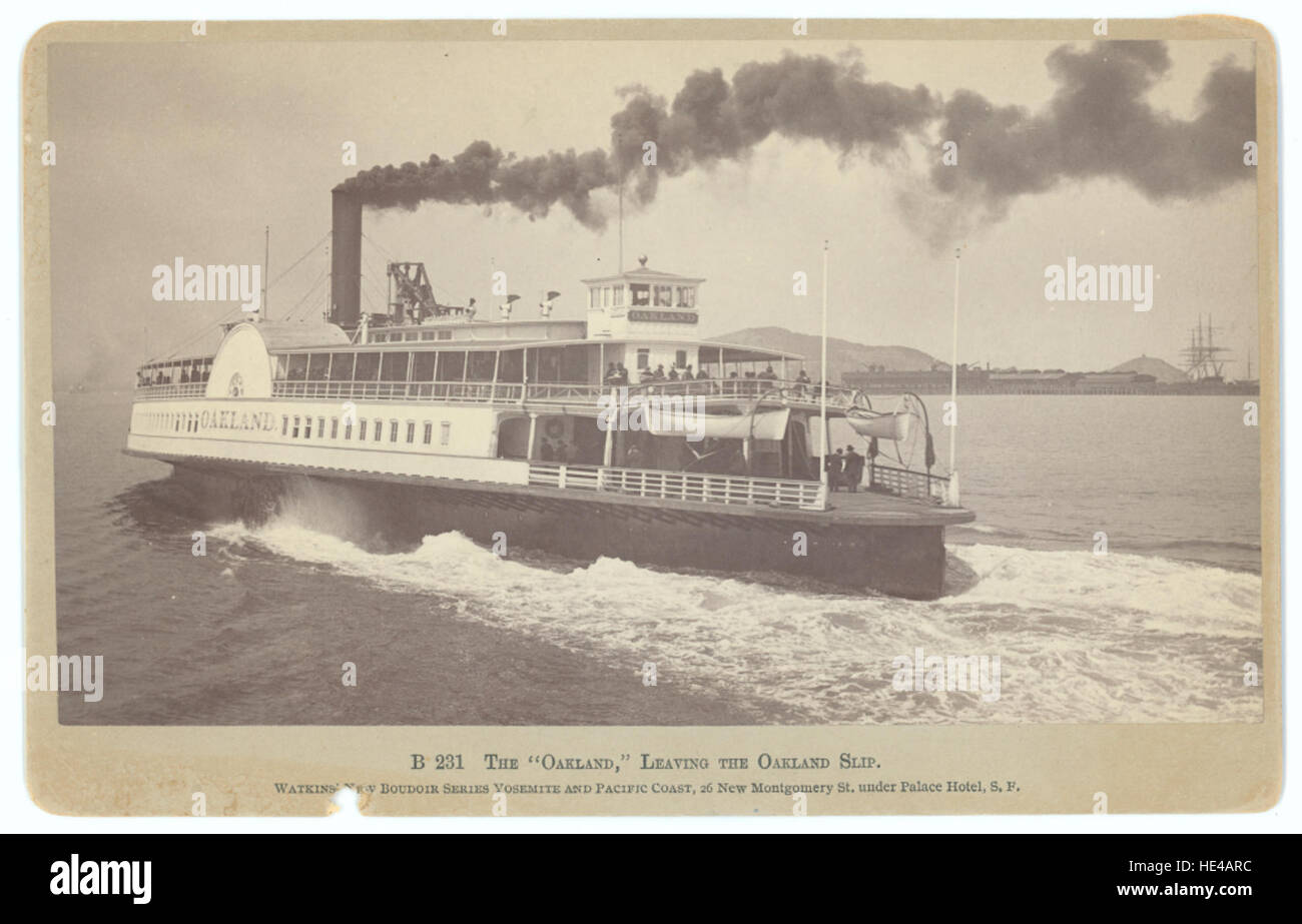 The 'Oakland' ferry departs the Oakland Slip, marking a significant moment in California's maritime history. This vintage image captures the ferry as it embarks on its journey, reflecting the importance of ferries in the region's transportation system during its time. Stock Photo