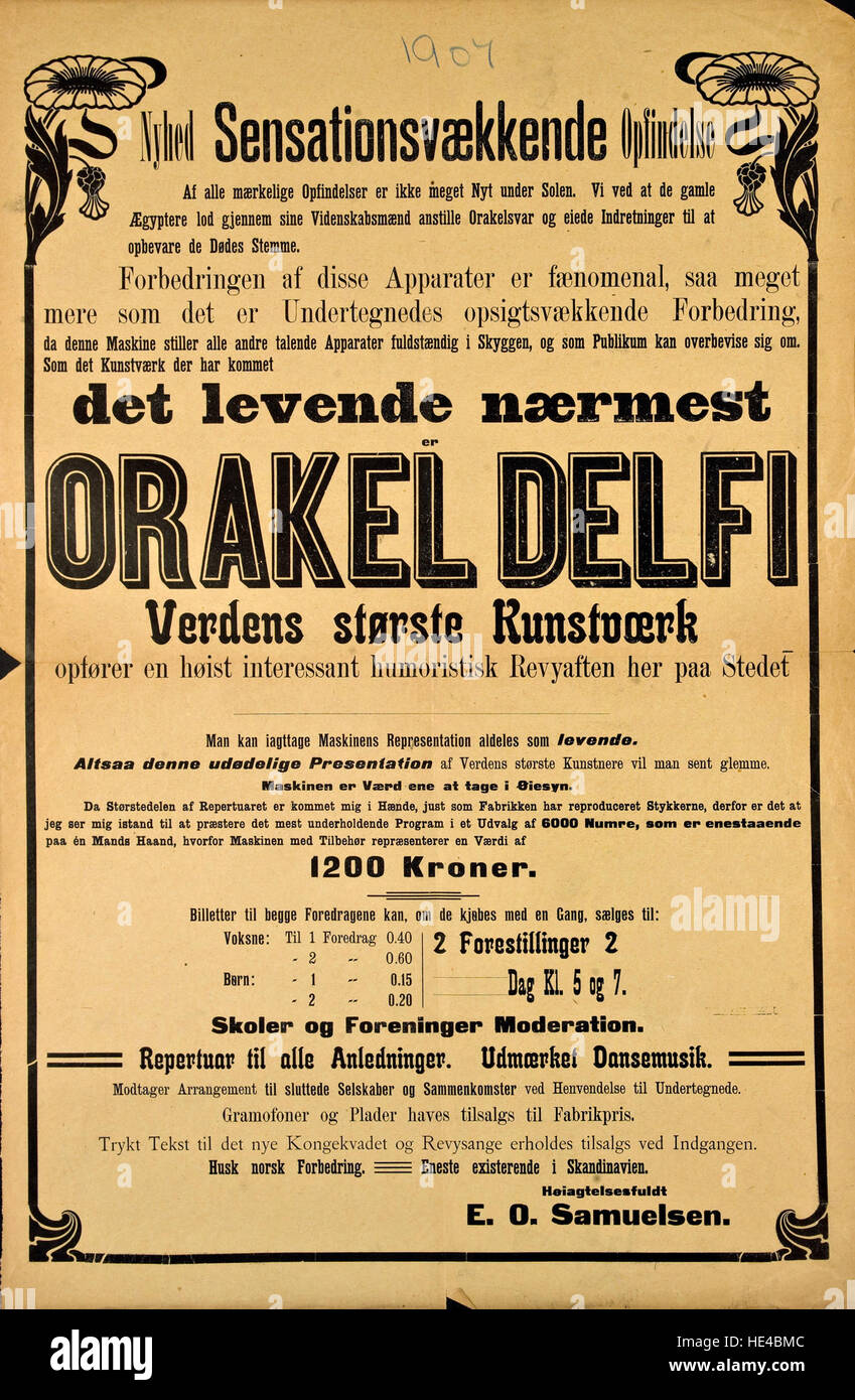 'Orakel Delfi' is a historical artwork housed in the National Library of Norway. It connects to the ancient Oracle of Delphi, a center of prophecy in ancient Greece. The artwork’s theme blends ancient history with the tradition of circus posters, offering a unique juxtaposition of past and present. Stock Photo