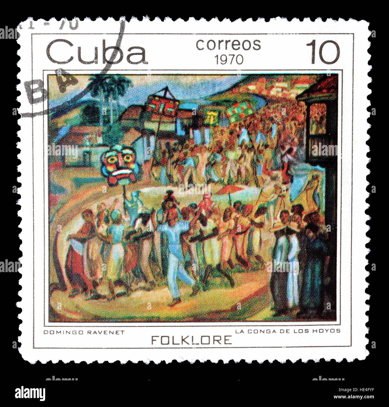 Cancelled postage stamp printed by Cuba, that shows Conga dance in Los