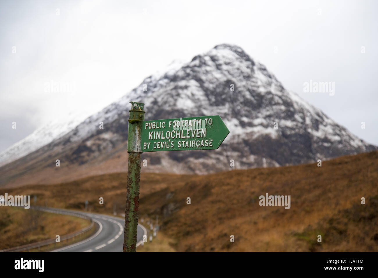 Road sign by the west highland way long distance footpath, rannoch moor, Glencoe, scotland, uk Stock Photo