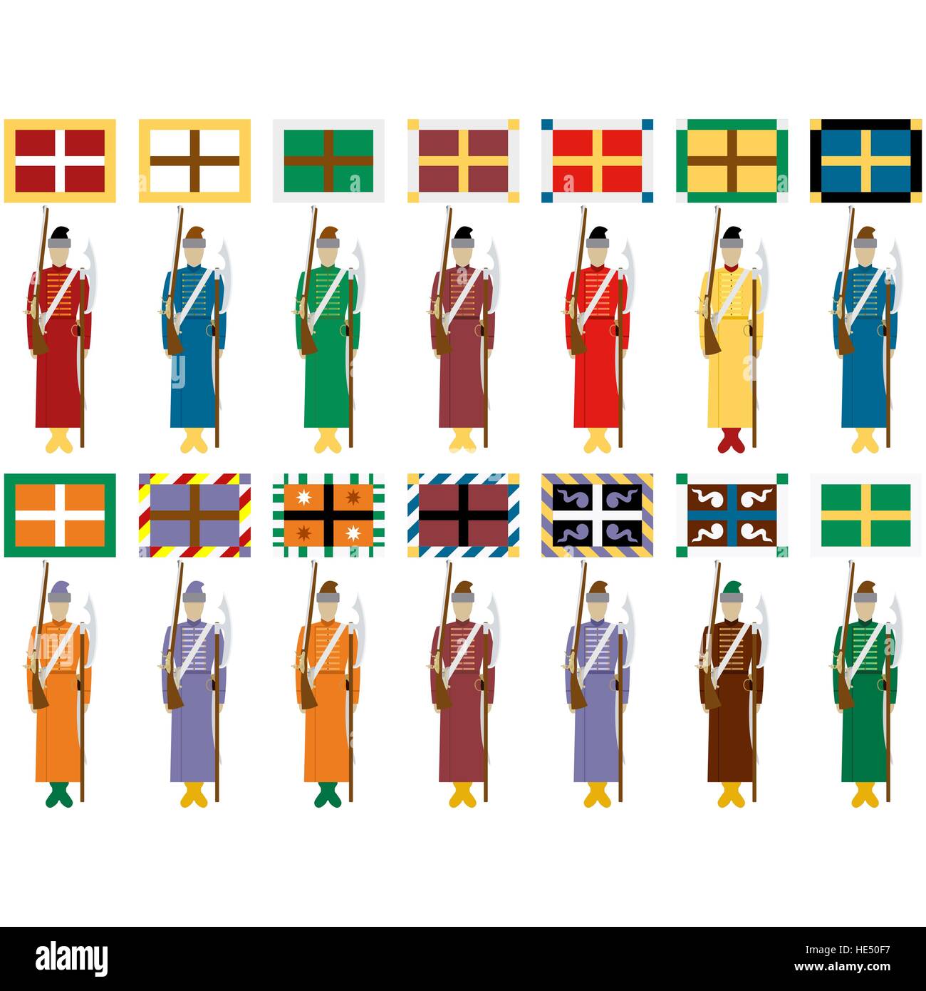 Uniforms, weapons and banners archers musketeer regiment in imperial