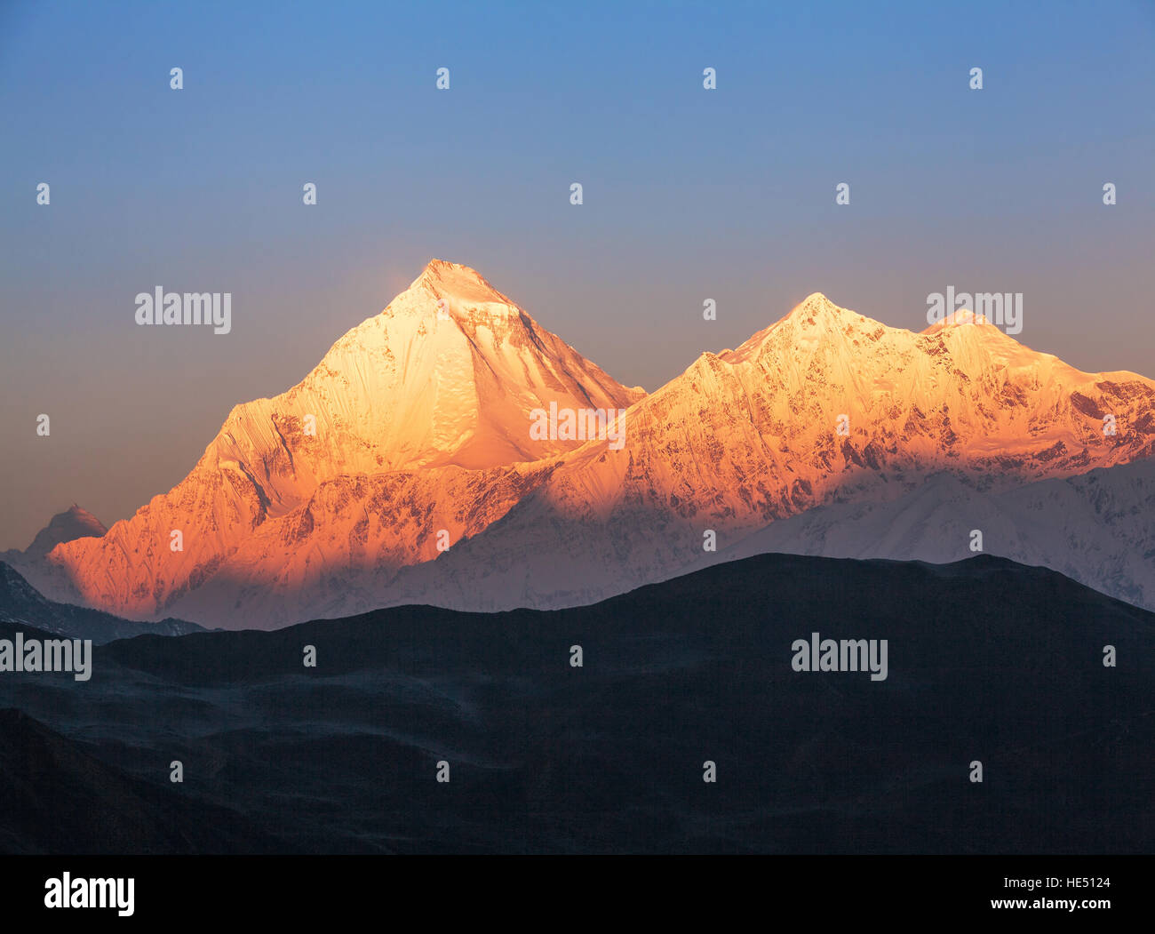 Majestic view of Dhaulagiri peak (8167 m) at sunrise. Nepal, Himalayas. Stock Photo