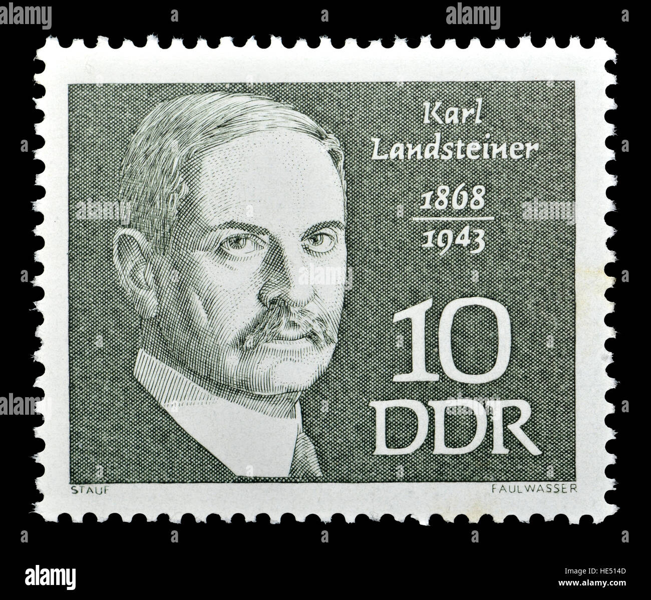 East German postage stamp (1968) : Karl Landsteiner (1868 – 1943) Austrian biologist and physician. Developed the modern system of classification of b Stock Photo