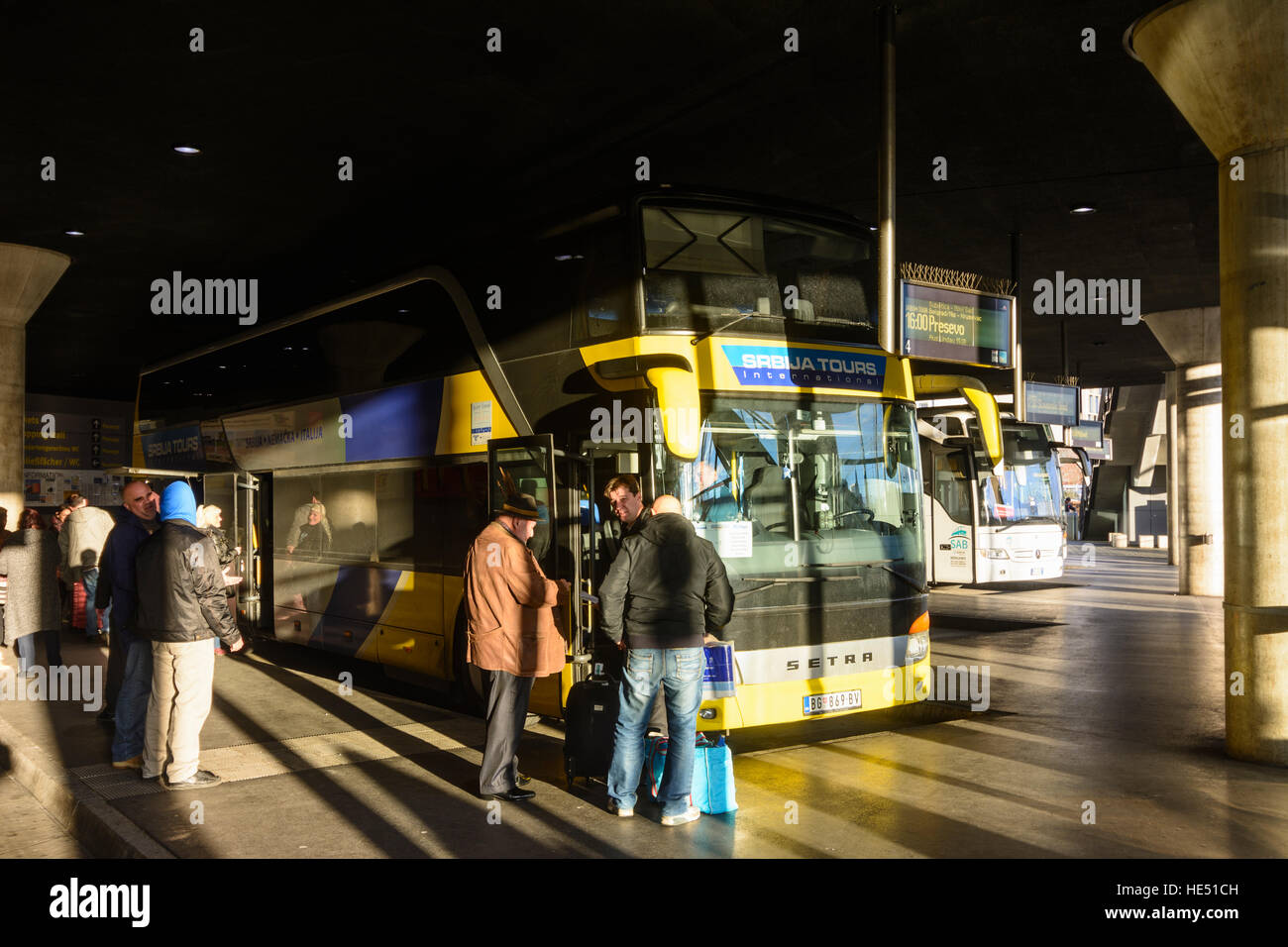 München, Munich: bus, busses, passenger in Zentraler Omnibusbahnhof München (ZOB) (central bus station), Oberbayern, Upper Bavaria, Bayern, Bavaria, G Stock Photo