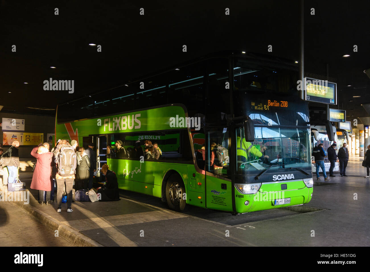 München, Munich: bus, busses, passenger, Flixbus in Zentraler Omnibusbahnhof München (ZOB) (central bus station), Oberbayern, Upper Bavaria, Bayern, B Stock Photo