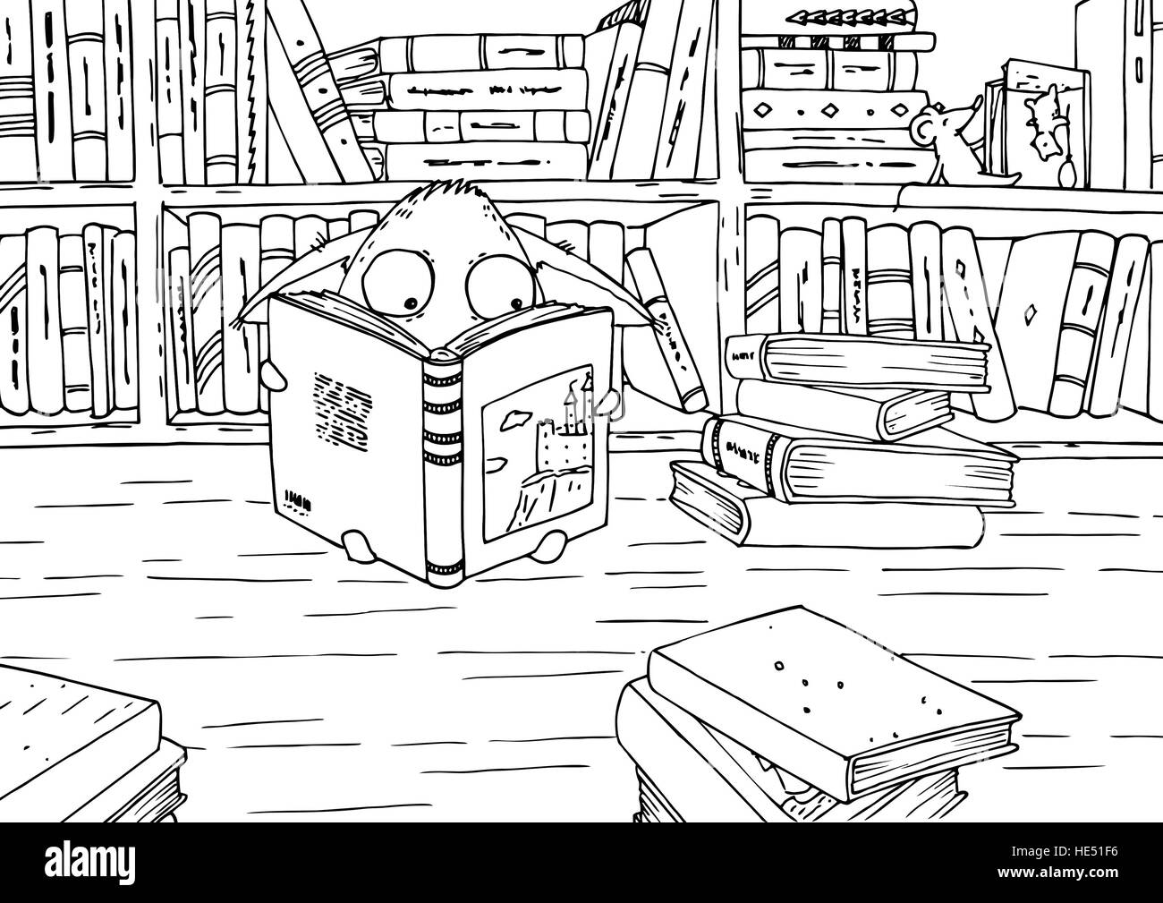 Coloring page for children. Little monster and his friend mouse reading books in library. Stock Photo