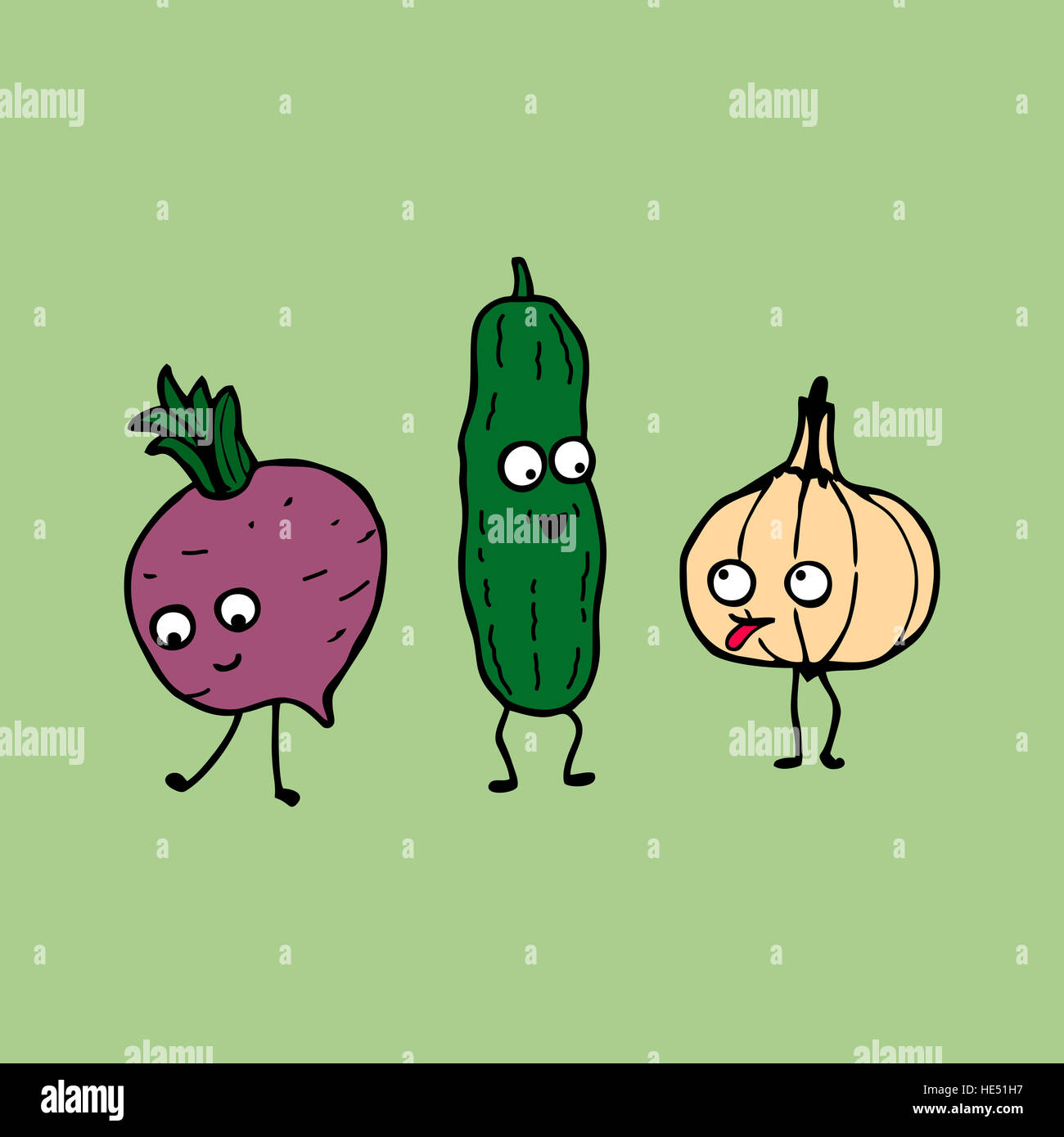 Cartoon vegetables: cucumber, radish and garlic Stock Photo