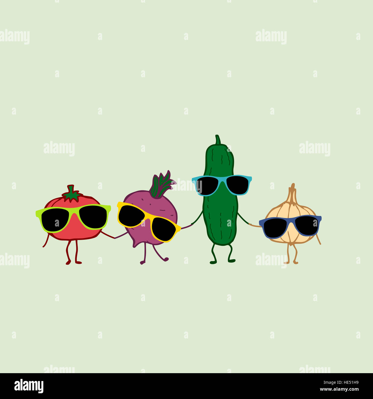 Cartoon vegetables wearing sunglasses: tomato, cucumber, radish and garlic Stock Photo